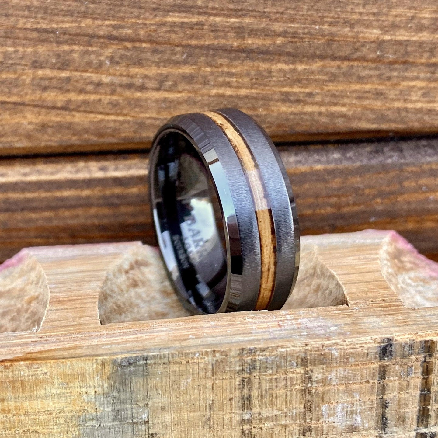 BW James Jewelers ALT Wedding Band "The Night Rider" 100% USA Made Build Your Ring Black Diamond Ceramic Beveled Edge Band With Grain Finish