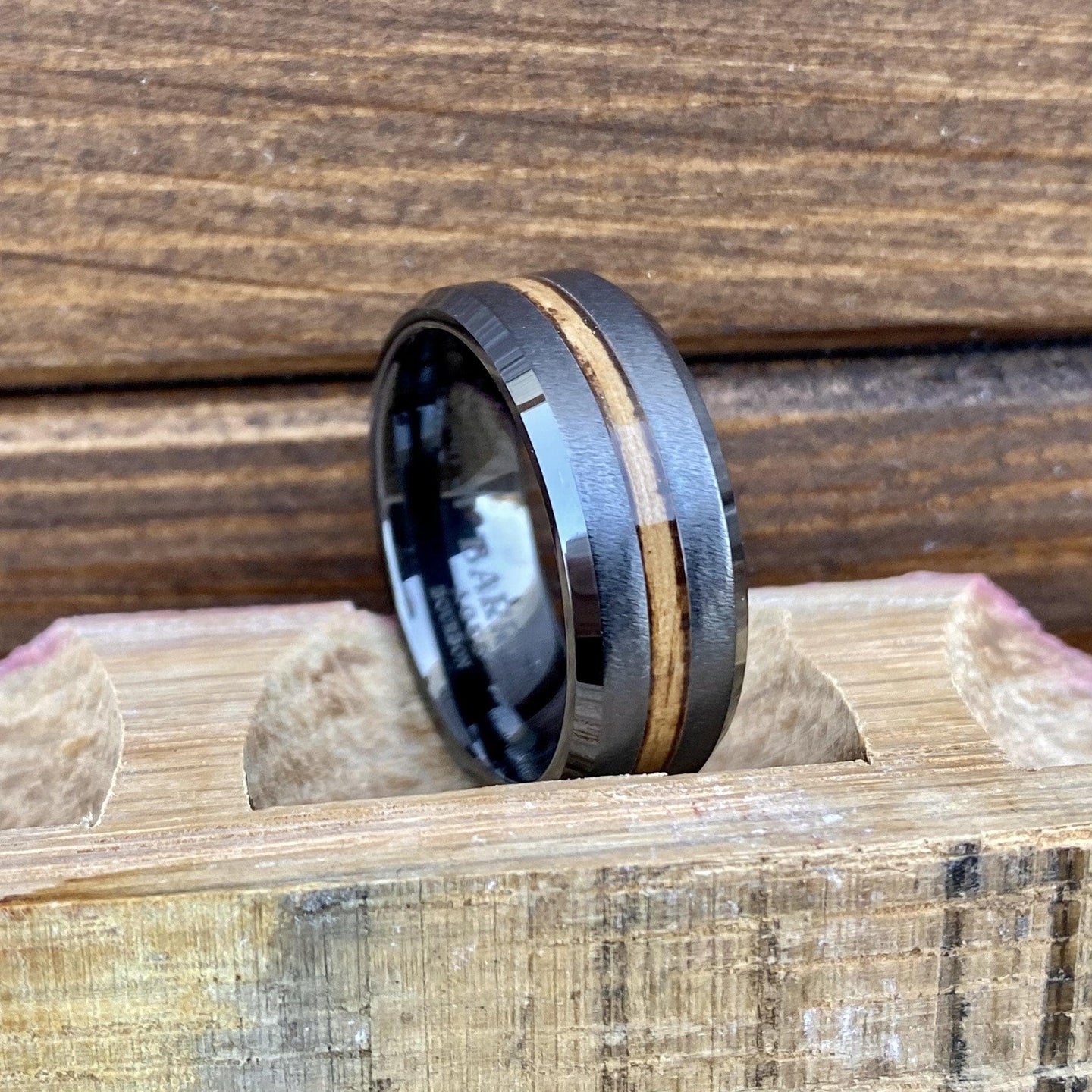 BW James Jewelers ALT Wedding Band "The Opportunist" 100% USA Made Build Your Own Ring Black Diamond Ceramic Beveled Edge Band with Grain Finish