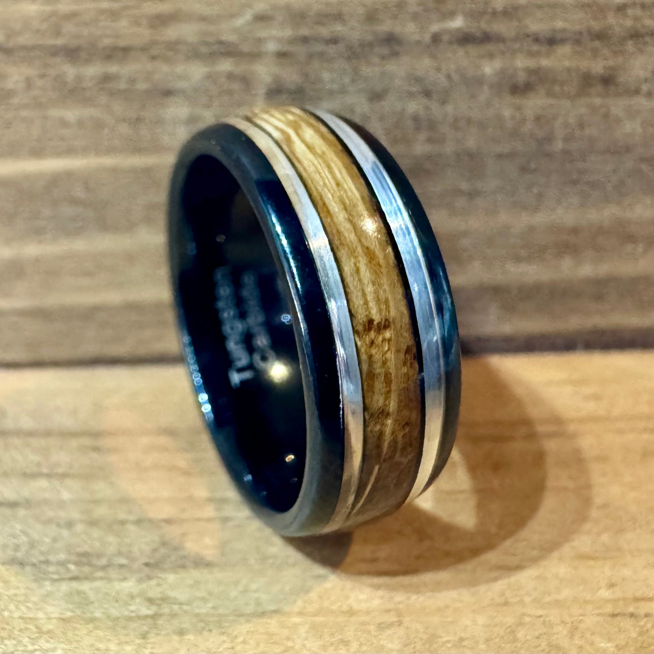 BW James Jewelers ALT Wedding Band “The Ranger” Black Tungsten With Reclaimed Bourbon Barrel Ring™ With Real Sterling Silver Inlay
