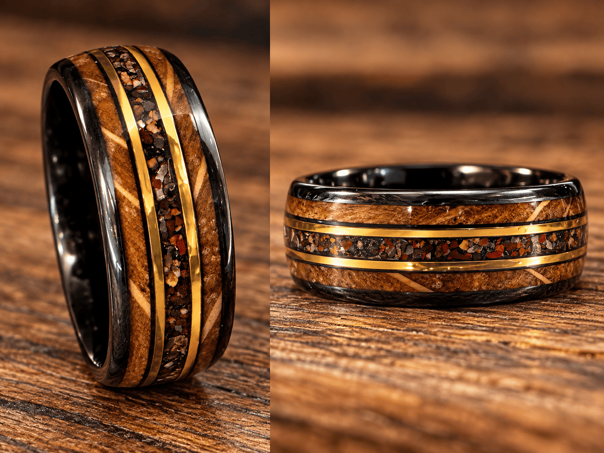 BW James Jewelers ALT Wedding Band “The Raptor” Black Tungsten Reclaimed Bourbon Barrel Ring™ With Dinosaur Bone