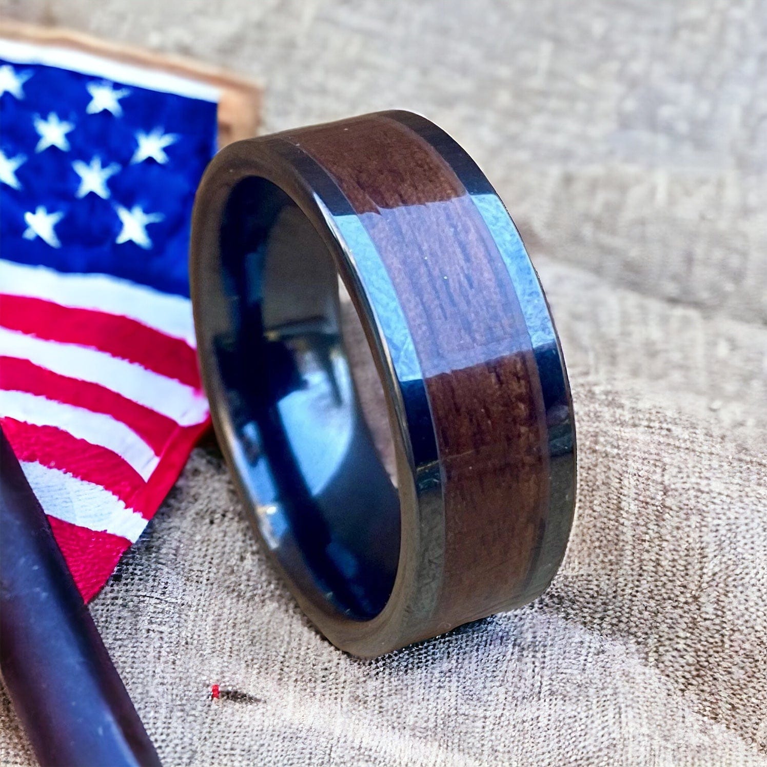 BW James Jewelers ALT Wedding Band “The Sergeant” 100% USA Made Black Ceramic Ring With Wood From A M1 Garand