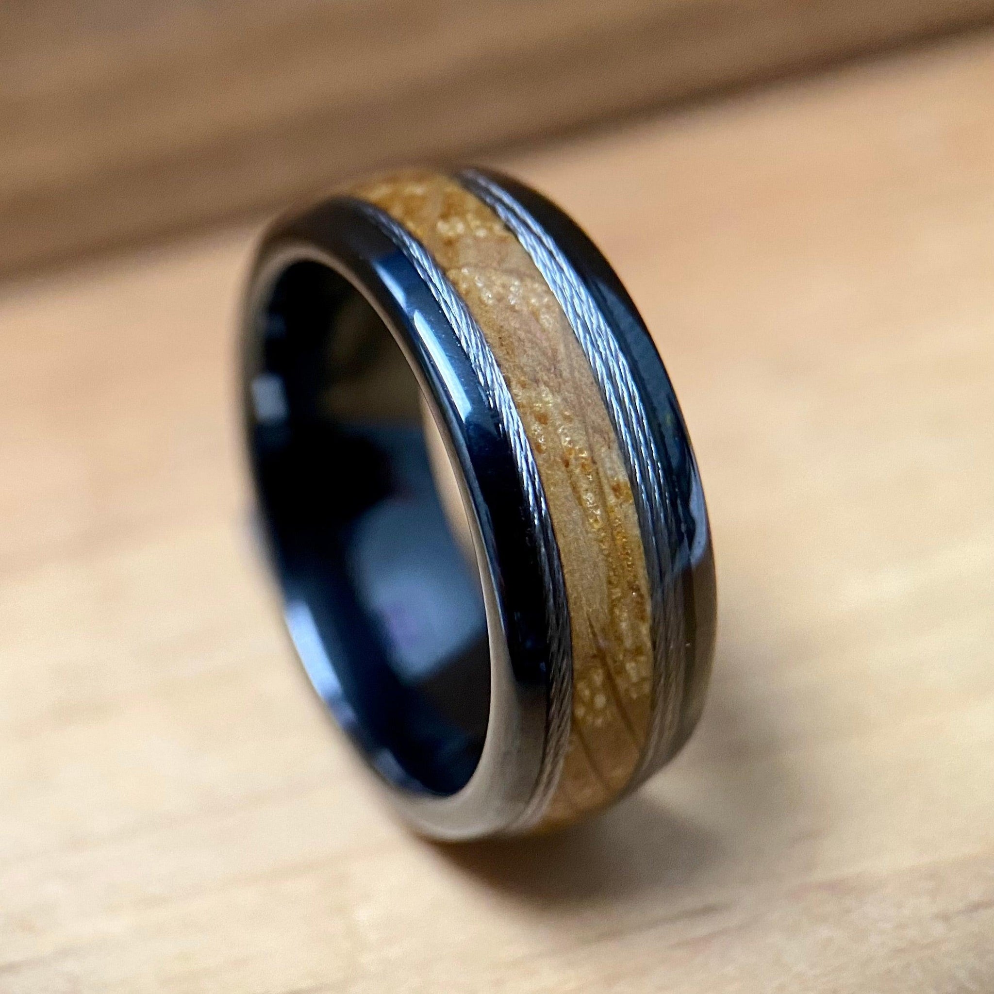 BW James Jewelers ALT Wedding Band “The Skipper” ✓Kentucky Bourbon Barrel Ring™✓With Fishing Line ✓Black Ceramic