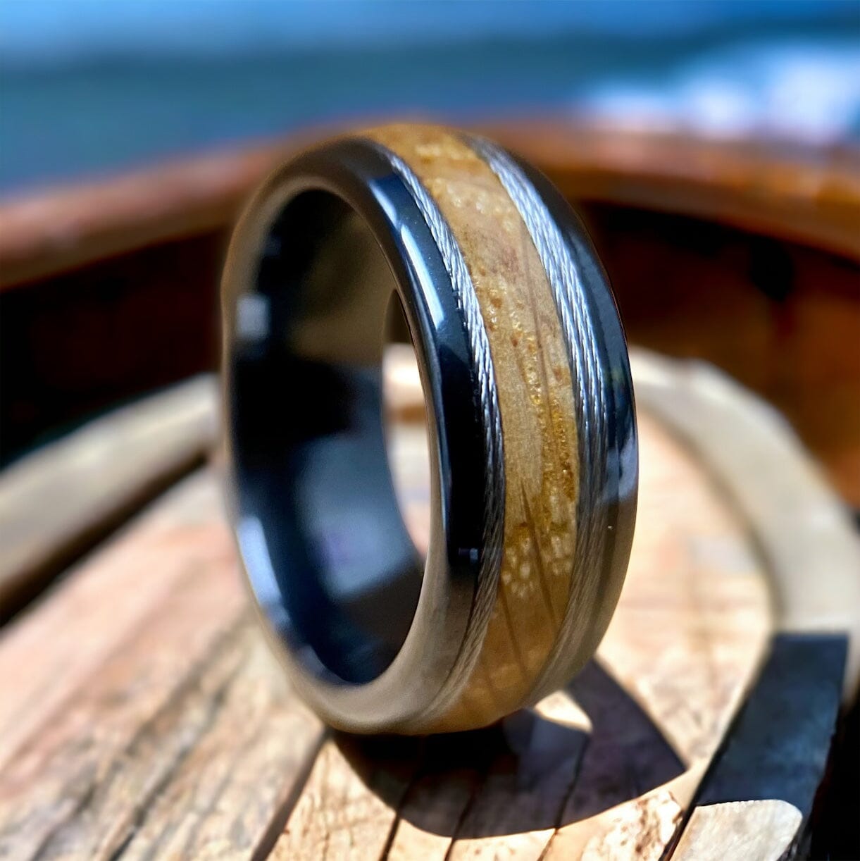 BW James Jewelers ALT Wedding Band “The Skipper” ✓Kentucky Bourbon Barrel Ring™✓With Fishing Line ✓Black Ceramic