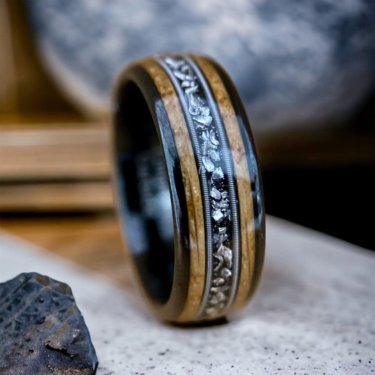 BW James Jewelers ALT Wedding Band “The Space Cowboy”  ✓Kentucky Bourbon Barrel™✓Black Ceramic ✓Guitar String ✓Meteorite