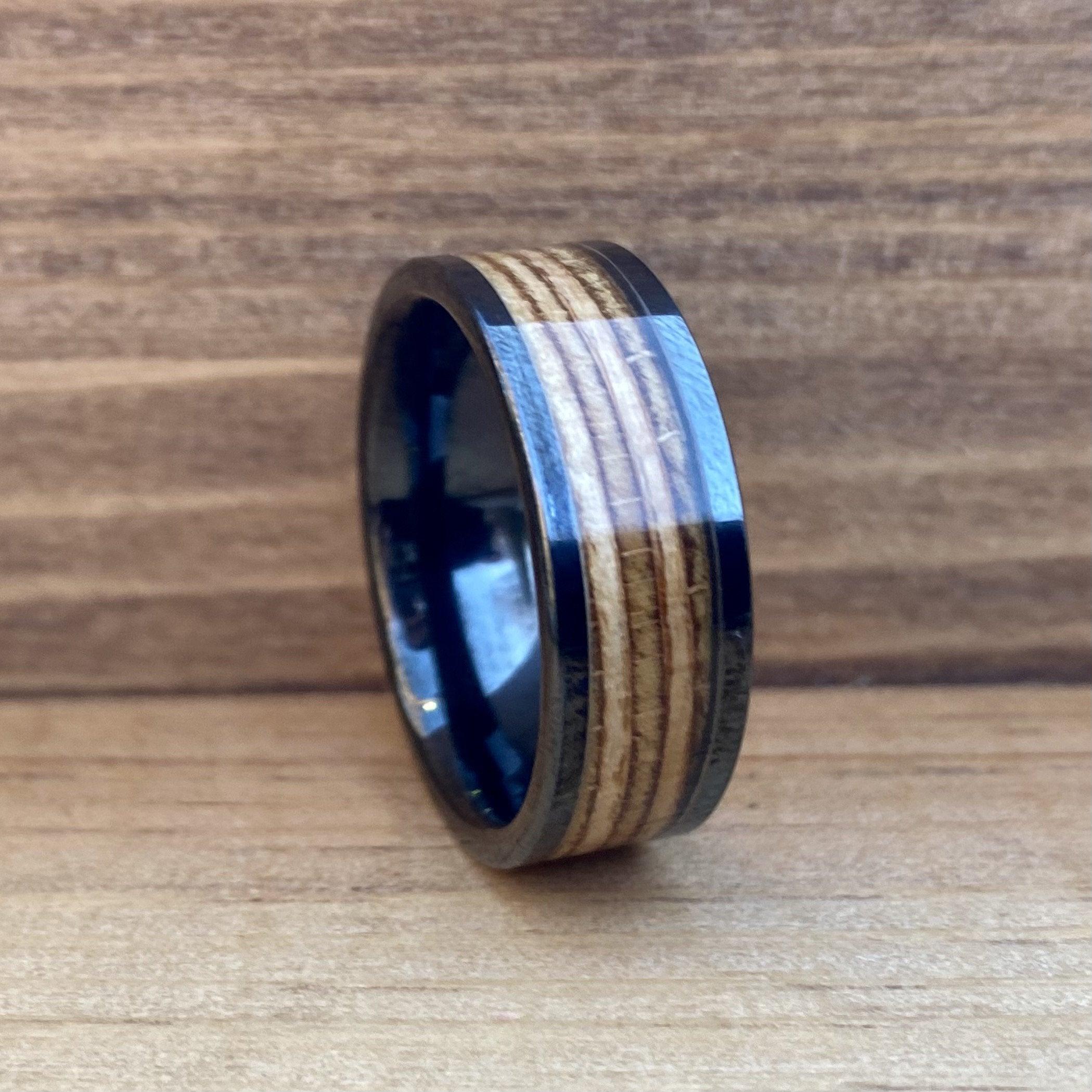 BW James Jewelers ALT Wedding Band "The Warsaw" 100% USA Made Black Ceramic Ring With Wood From AK-47 Rifle