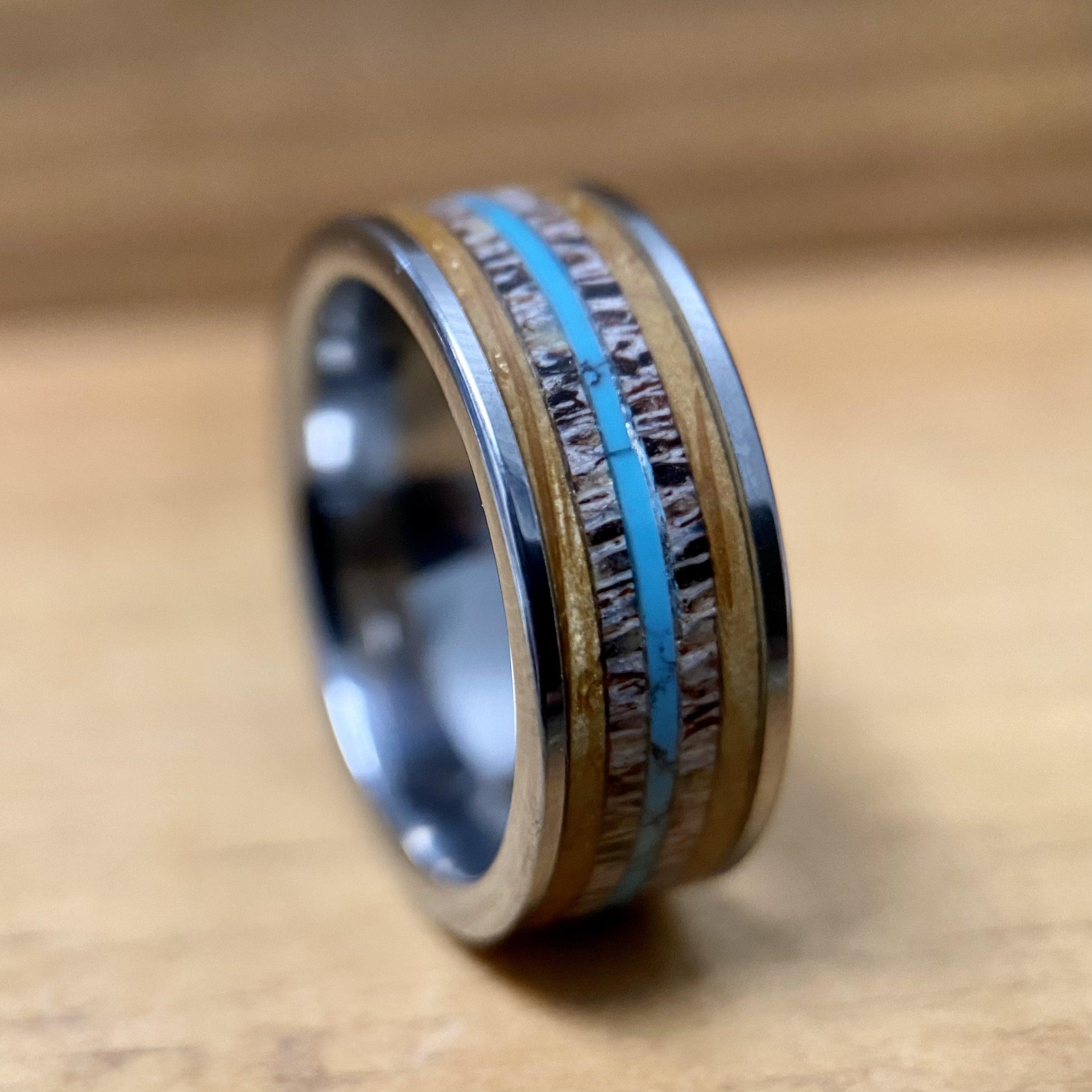 BW James Jewelers ALT Wedding Band “The Westerner” Tungsten Ring With Reclaimed Bourbon Barrel, Antler and Turquoise