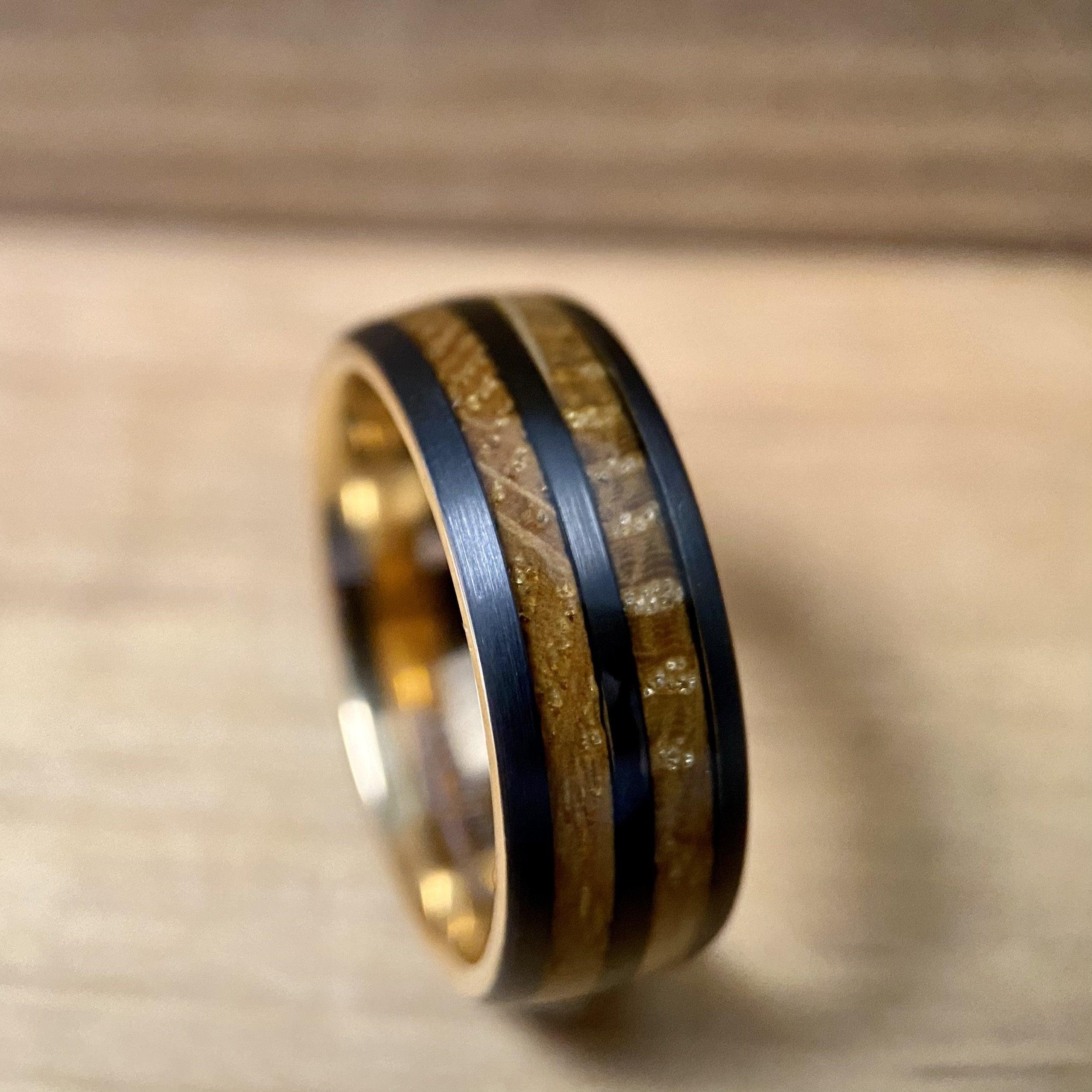 BW James Jewelers ALT Wedding Band “The Whiskey” Tungsten Ring With Reclaimed Bourbon Whiskey Barrel Wood And Rose Gold Color