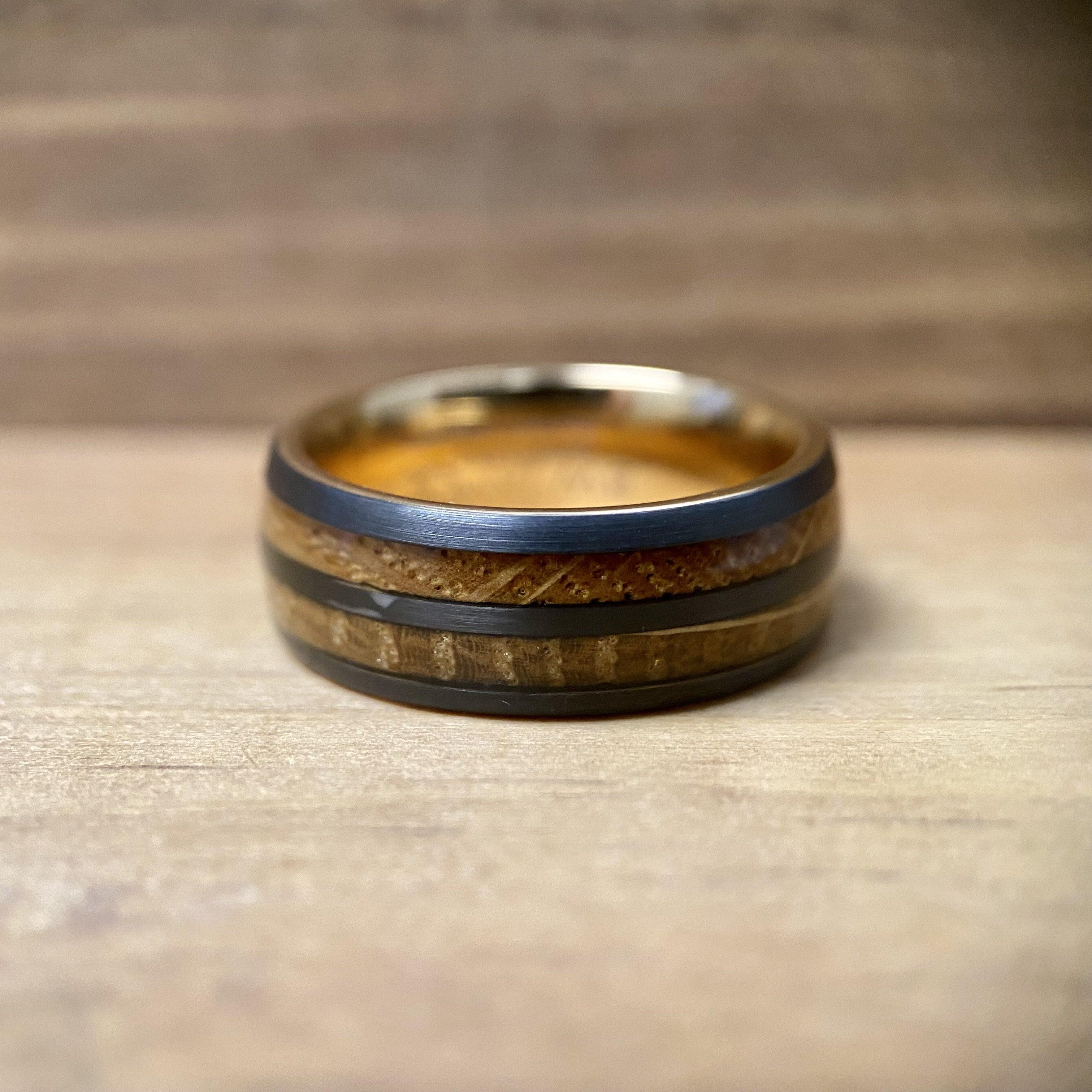 BW James Jewelers ALT Wedding Band “The Whiskey” Tungsten Ring With Reclaimed Bourbon Whiskey Barrel Wood And Rose Gold Color