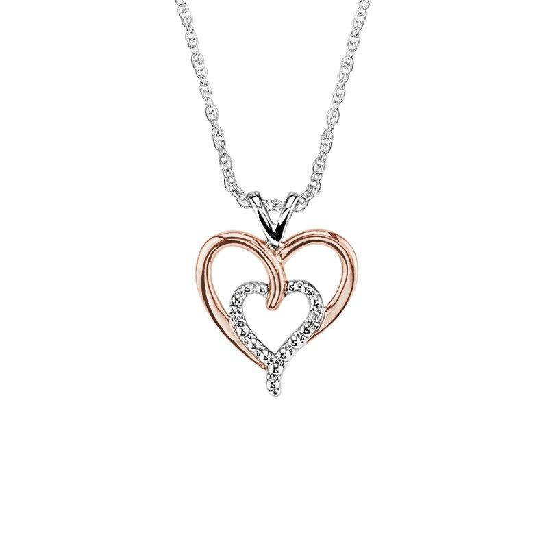 BW James Jewelers Necklace Sterling Silver With Rose Gold Double Heart Diamond Necklace