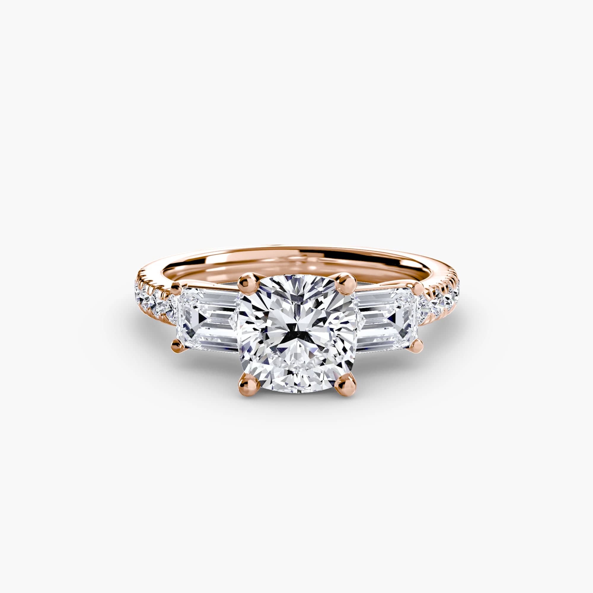 BW James Jewelers setting 9K Rose Gold / Cushion Three-Stone Ring with Pavé Band 4