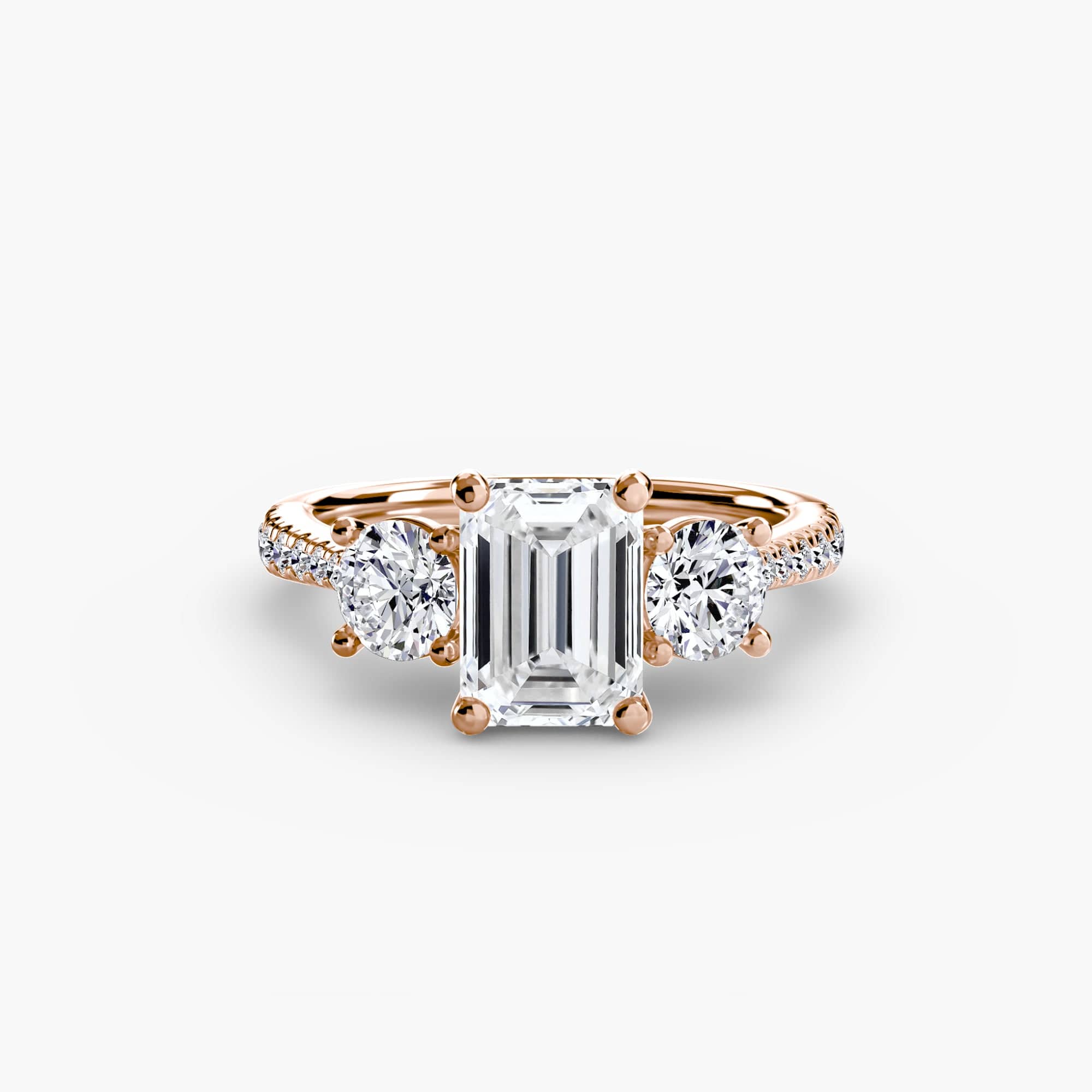 BW James Jewelers setting 9K Rose Gold / Emerald Three-Stone with Pavé Band