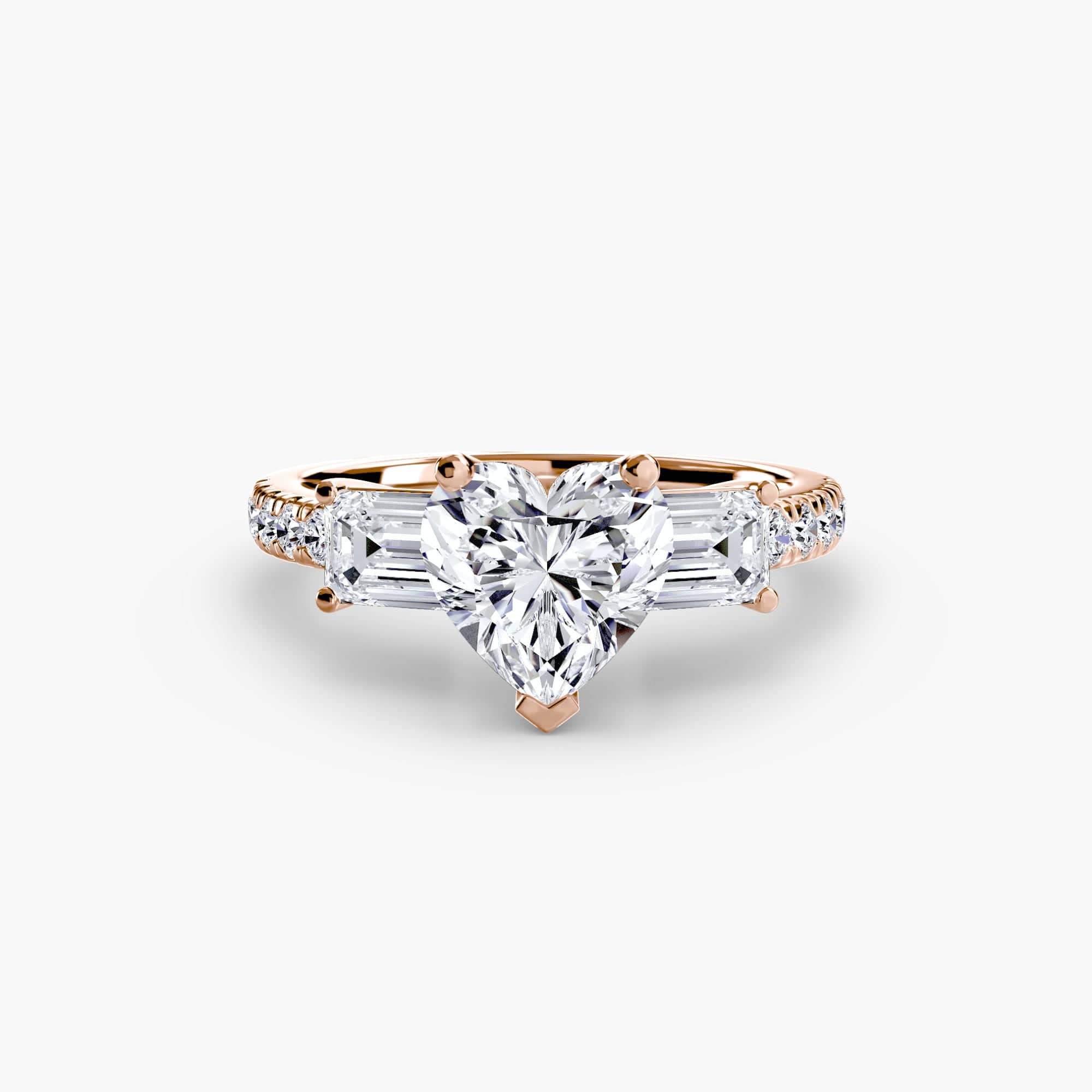 BW James Jewelers setting 9K Rose Gold / Heart Three-Stone Ring with Pavé Band 4