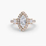 BW James Jewelers setting 9K Rose Gold / Marquise Three-Stone Ring with Halo 2