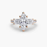 BW James Jewelers setting 9K Rose Gold / Marquise Three-Stone Ring with Pavé Band 4