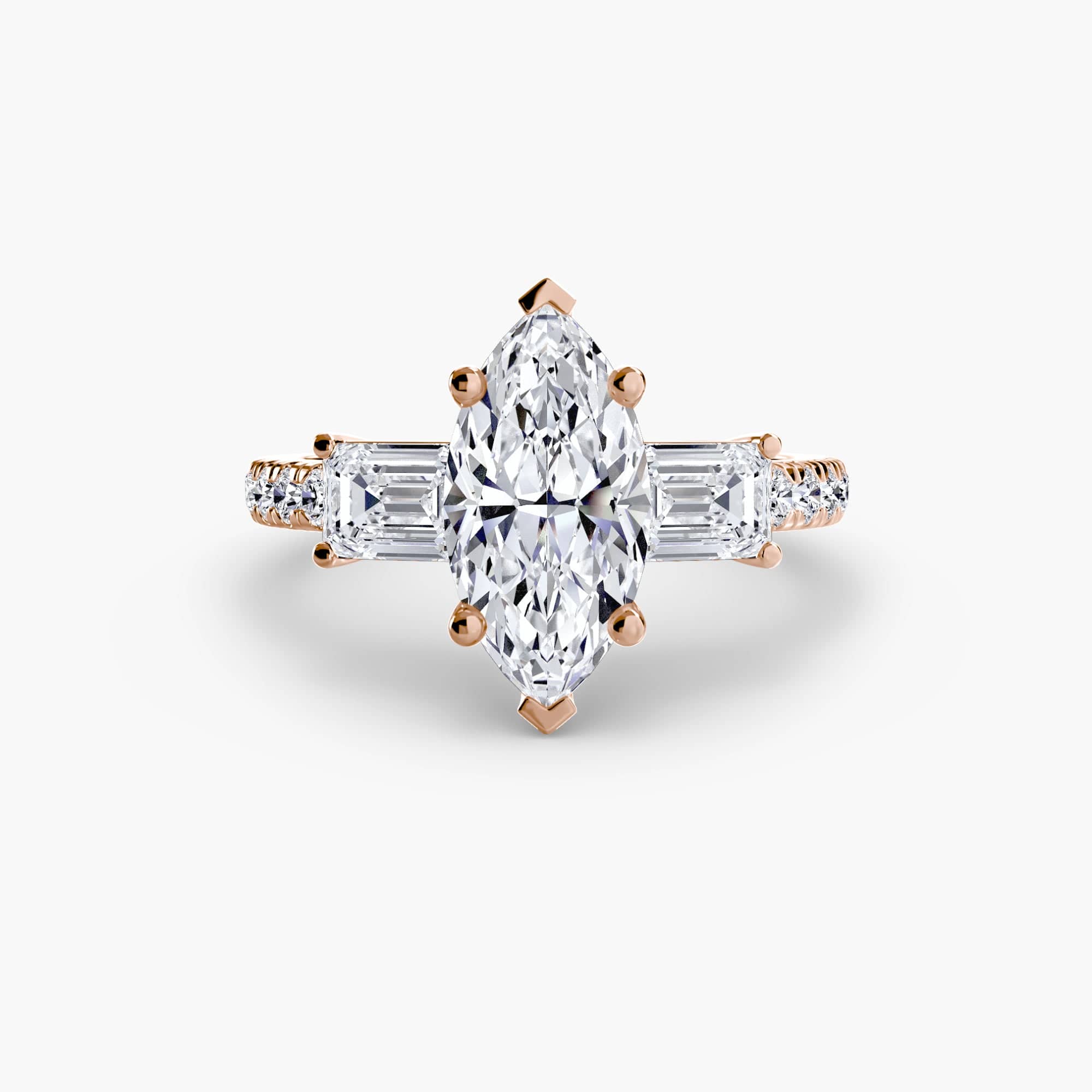 BW James Jewelers setting 9K Rose Gold / Marquise Three-Stone Ring with Pavé Band 4