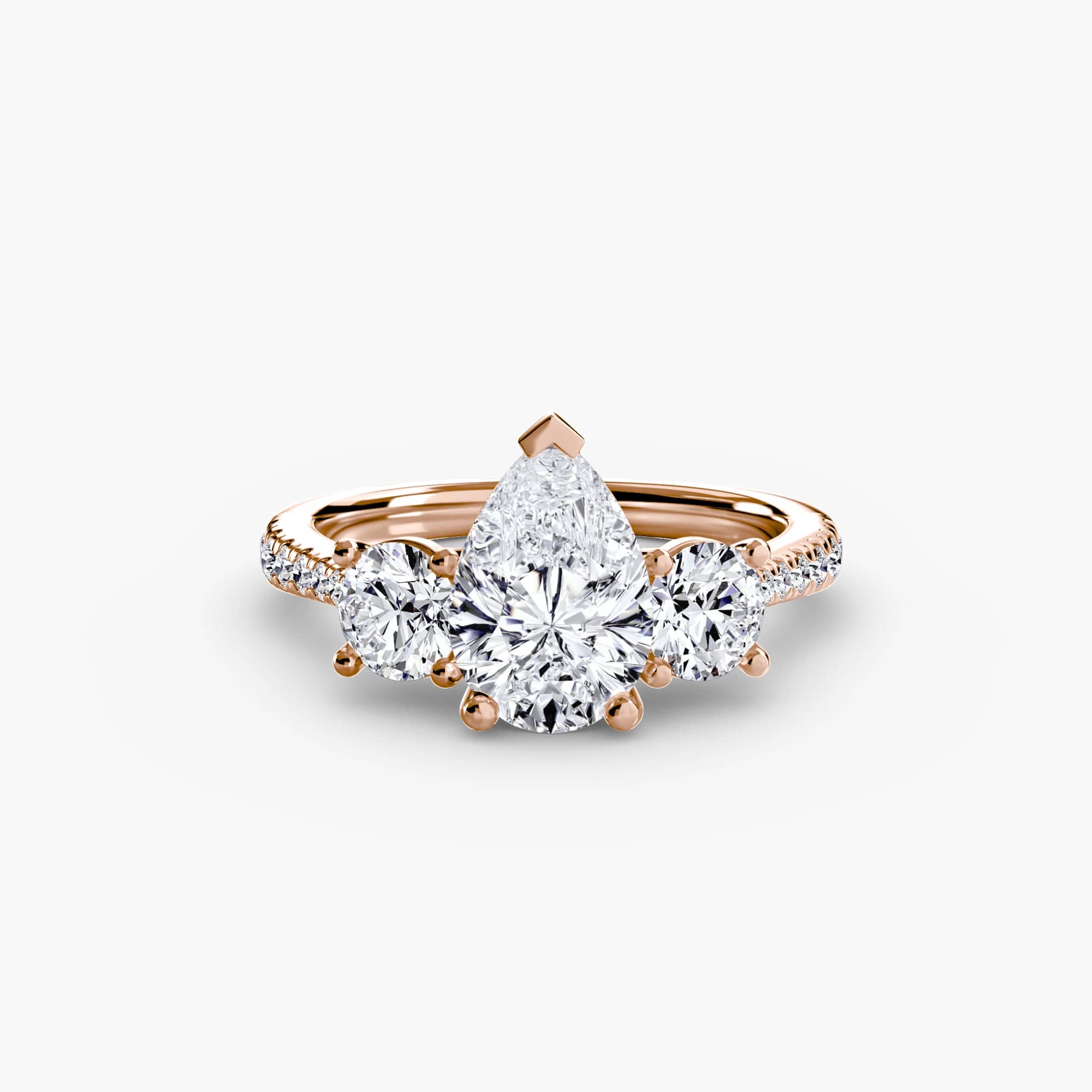 BW James Jewelers setting 9K Rose Gold / Pear Three-Stone with Pavé Band