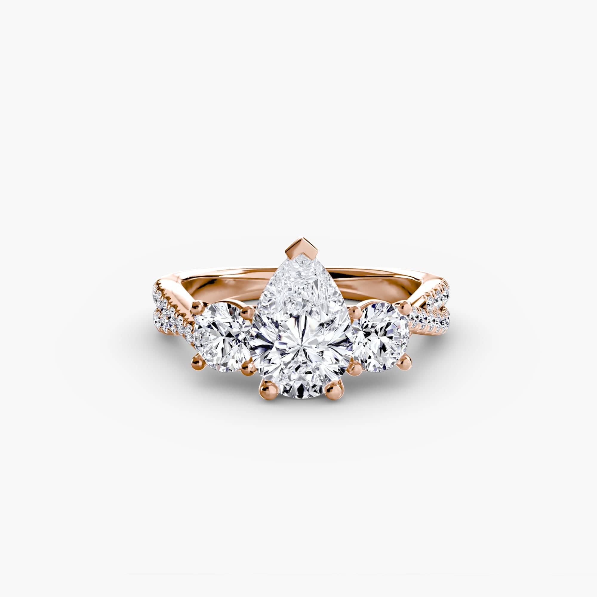 BW James Jewelers setting 9K Rose Gold / Pear Three-Stone with Pavé Band 2