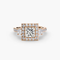 BW James Jewelers setting 9K Rose Gold / Princess Three-Stone Ring with Halo 2