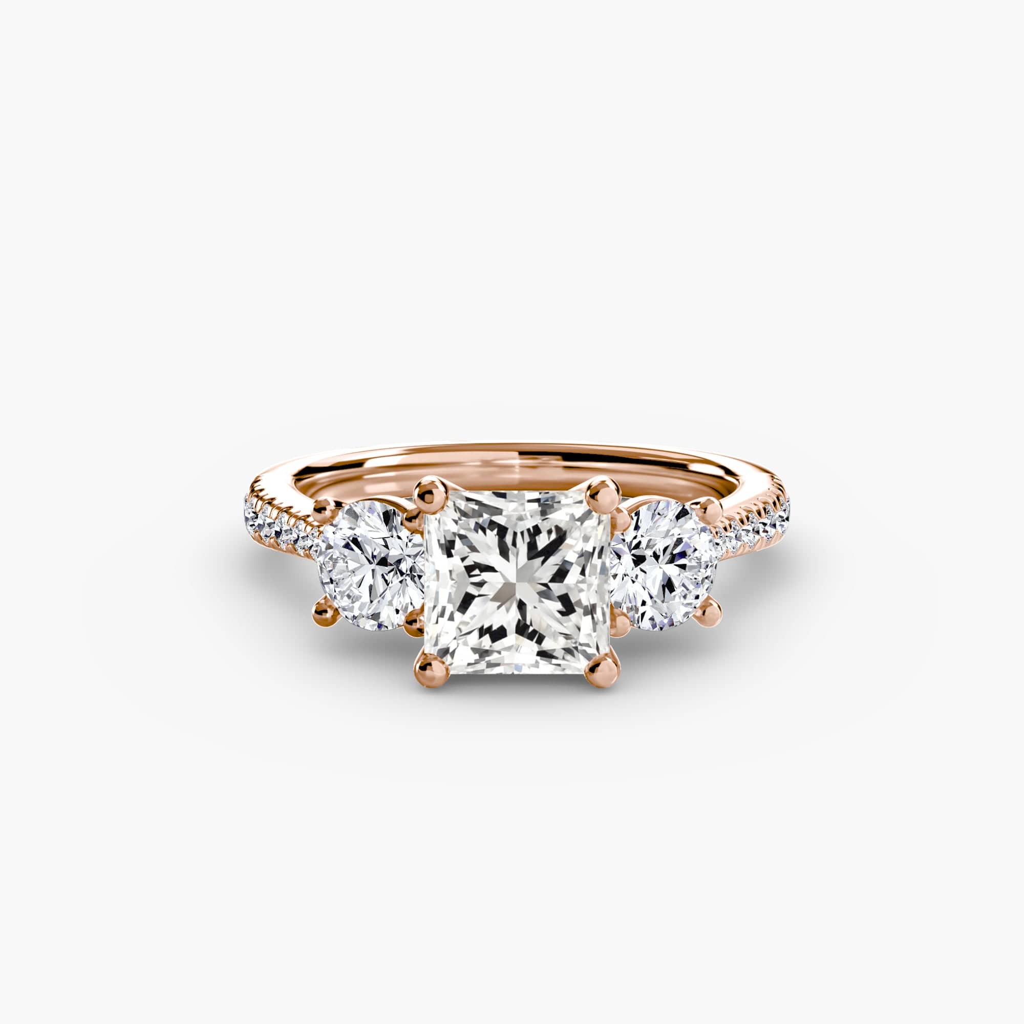 BW James Jewelers setting 9K Rose Gold / Princess Three-Stone with Pavé Band