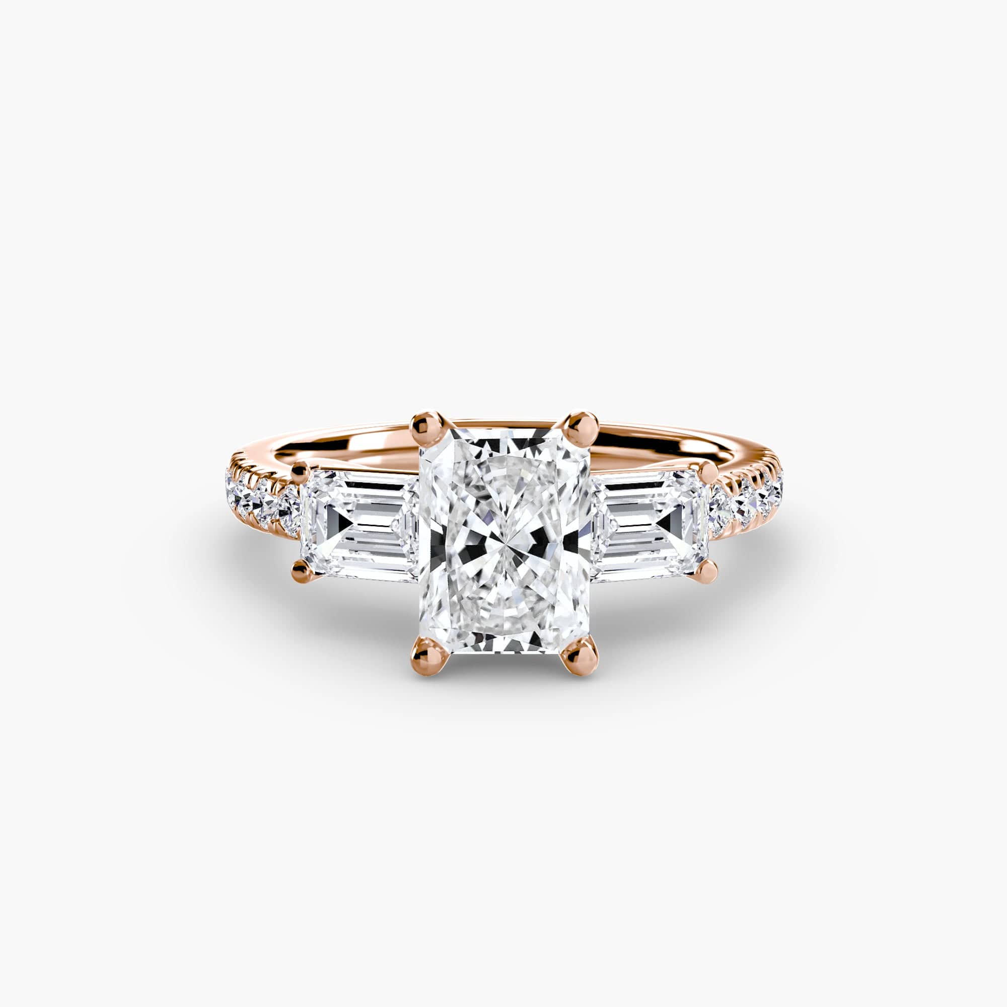 BW James Jewelers setting 9K Rose Gold / Radiant Three-Stone Ring with Pavé Band 4