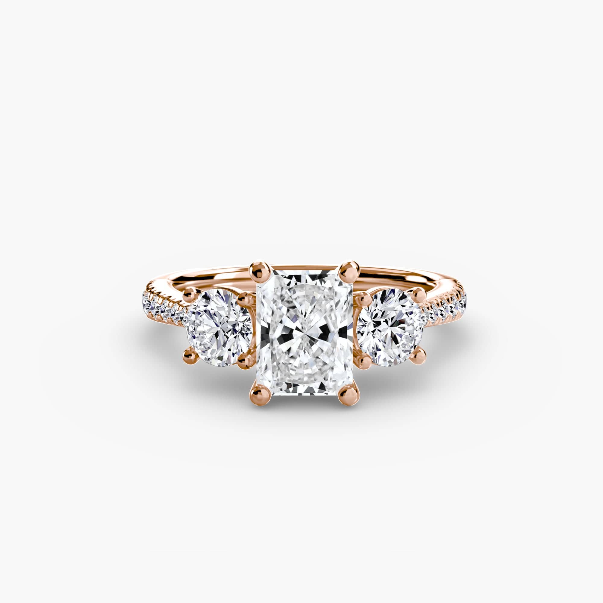 BW James Jewelers setting 9K Rose Gold / Radiant Three-Stone with Pavé Band