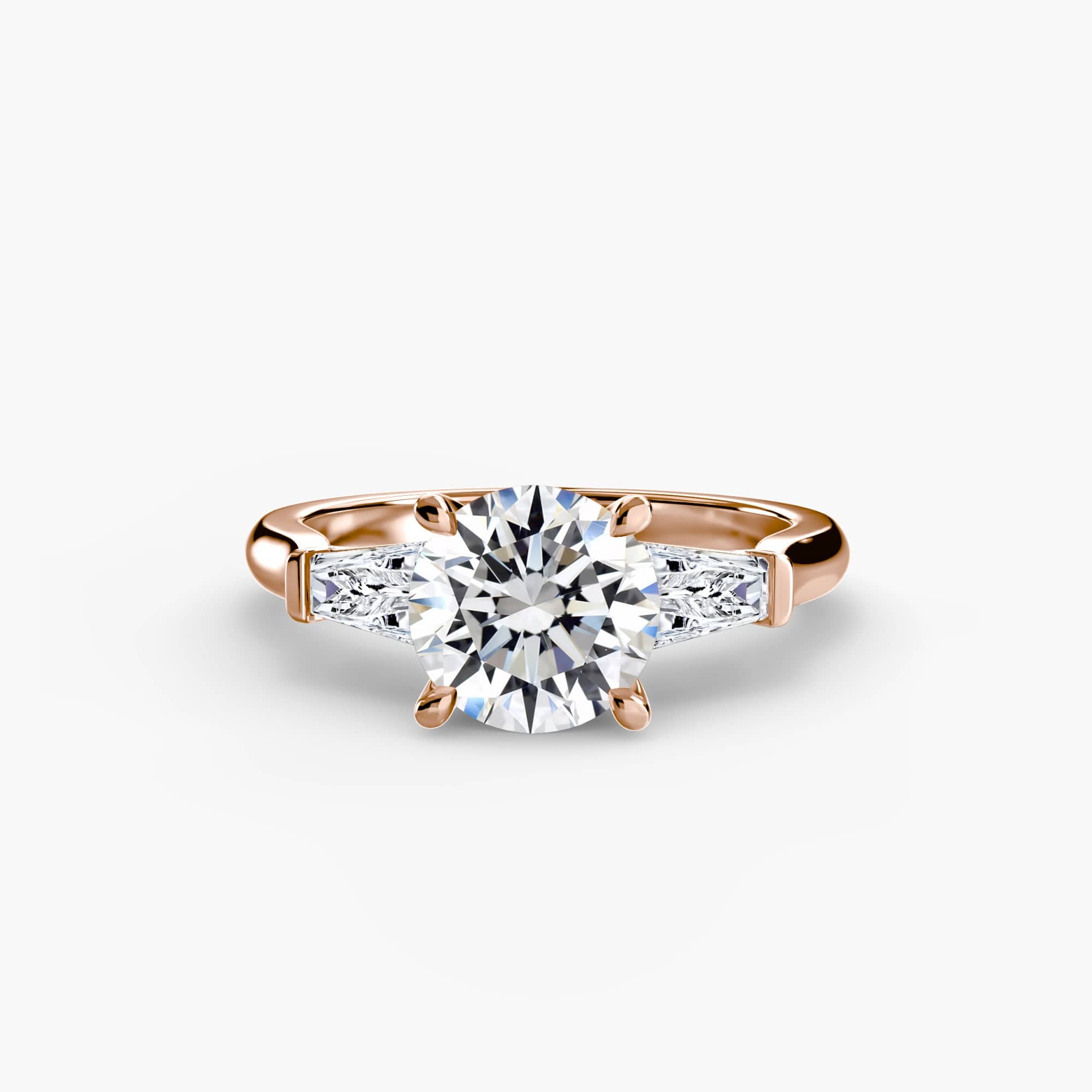 BW James Jewelers setting 9K Rose Gold / Round Three-Stone Ring (Baguette Side Stones)