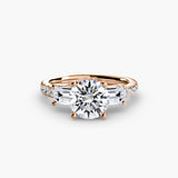 BW James Jewelers setting 9K Rose Gold / Round Three-Stone Ring with Pavé Band 4