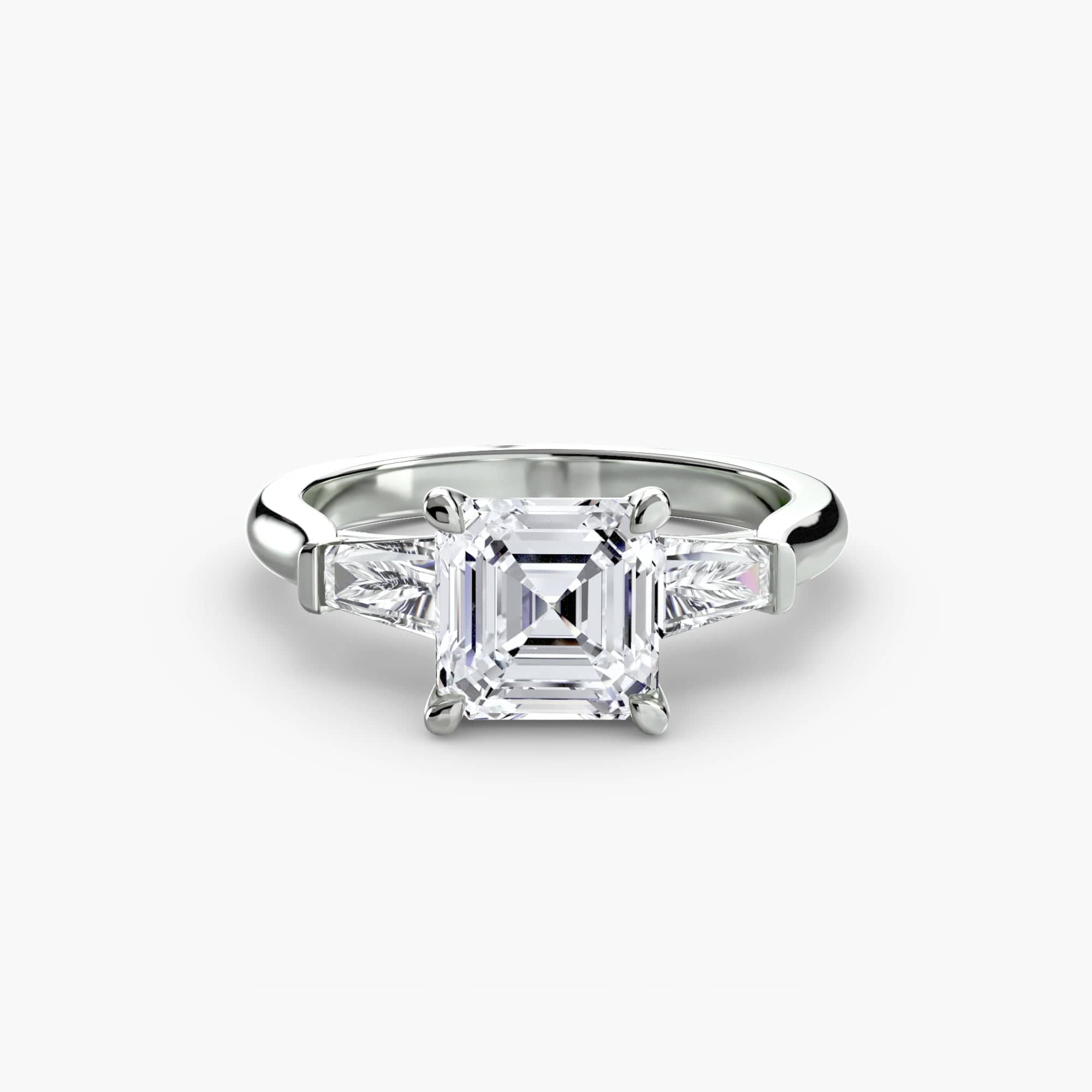 BW James Jewelers setting 9K White Gold / Asscher Three-Stone Ring (Baguette Side Stones)