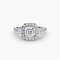 BW James Jewelers setting 9K White Gold / Asscher Three-Stone Ring with Halo 2