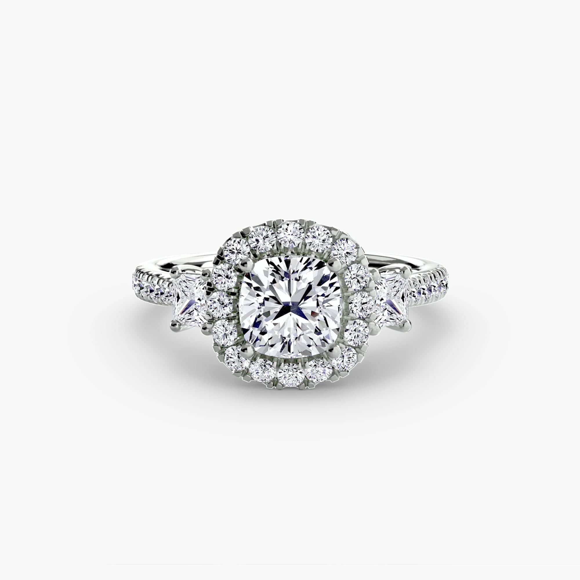 BW James Jewelers setting 9K White Gold / Cushion Three-Stone Ring with Halo 2