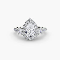 BW James Jewelers setting 9K White Gold / Pear Three-Stone Ring with Halo 2