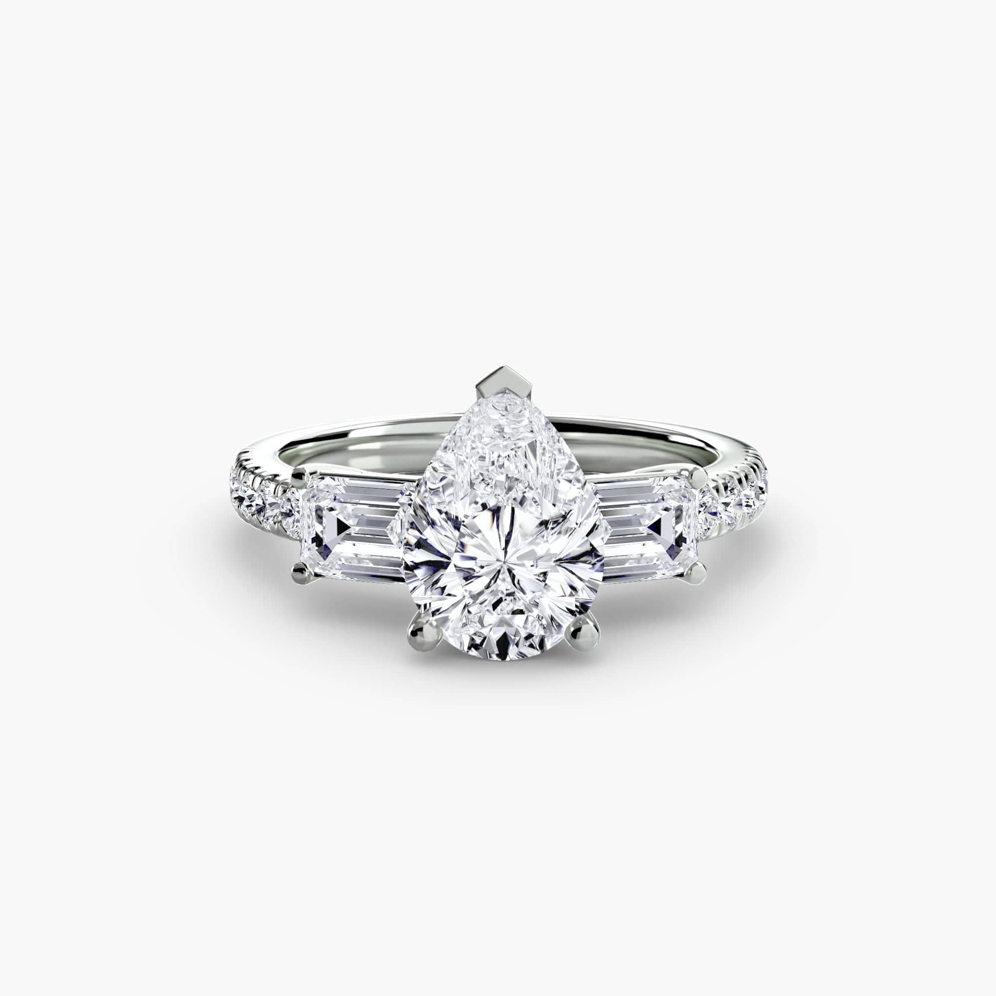 BW James Jewelers setting 9K White Gold / Pear Three-Stone Ring with Pavé Band 4