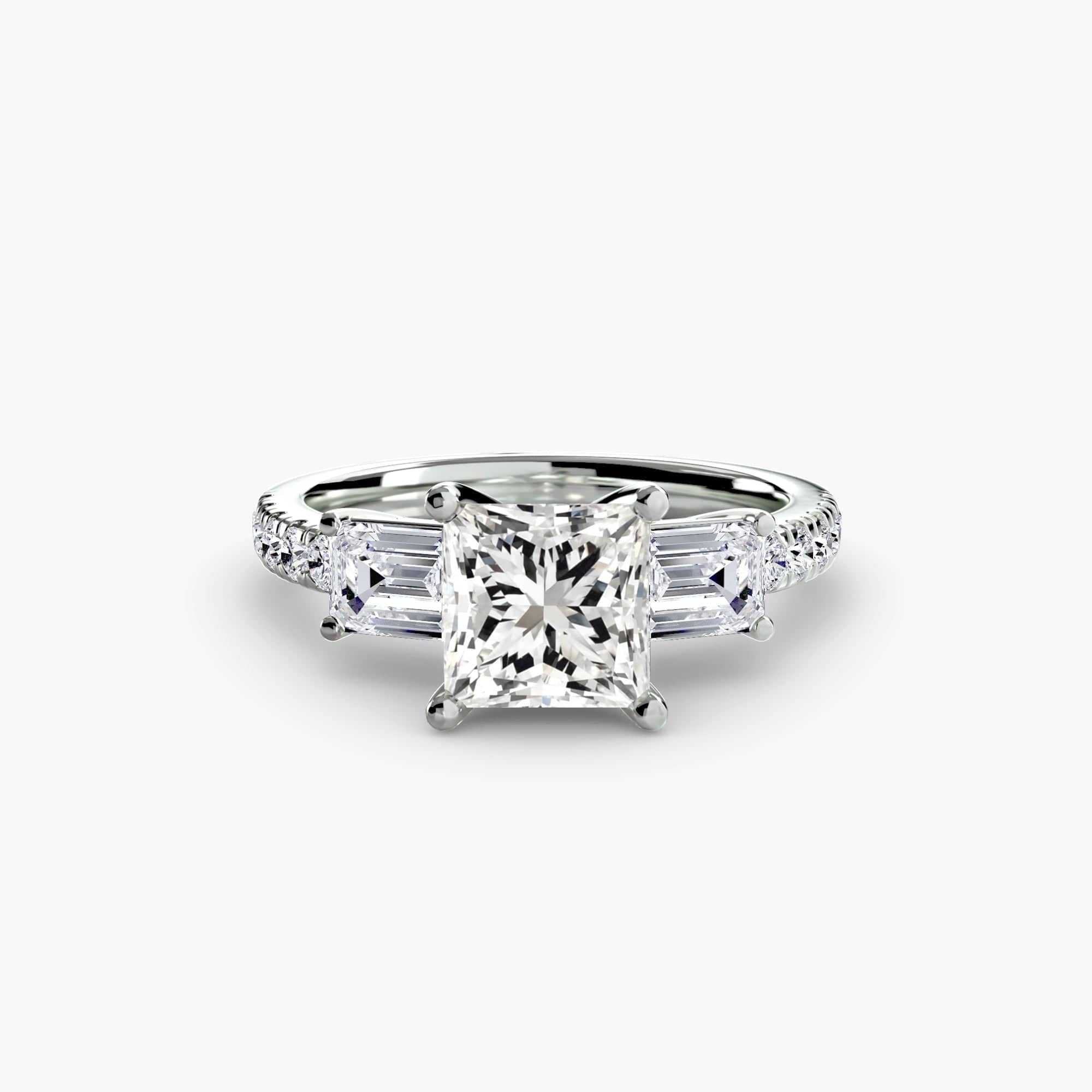 BW James Jewelers setting 9K White Gold / Princess Three-Stone Ring with Pavé Band 4