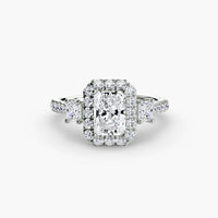 BW James Jewelers setting 9K White Gold / Radiant Three-Stone Ring with Halo 2