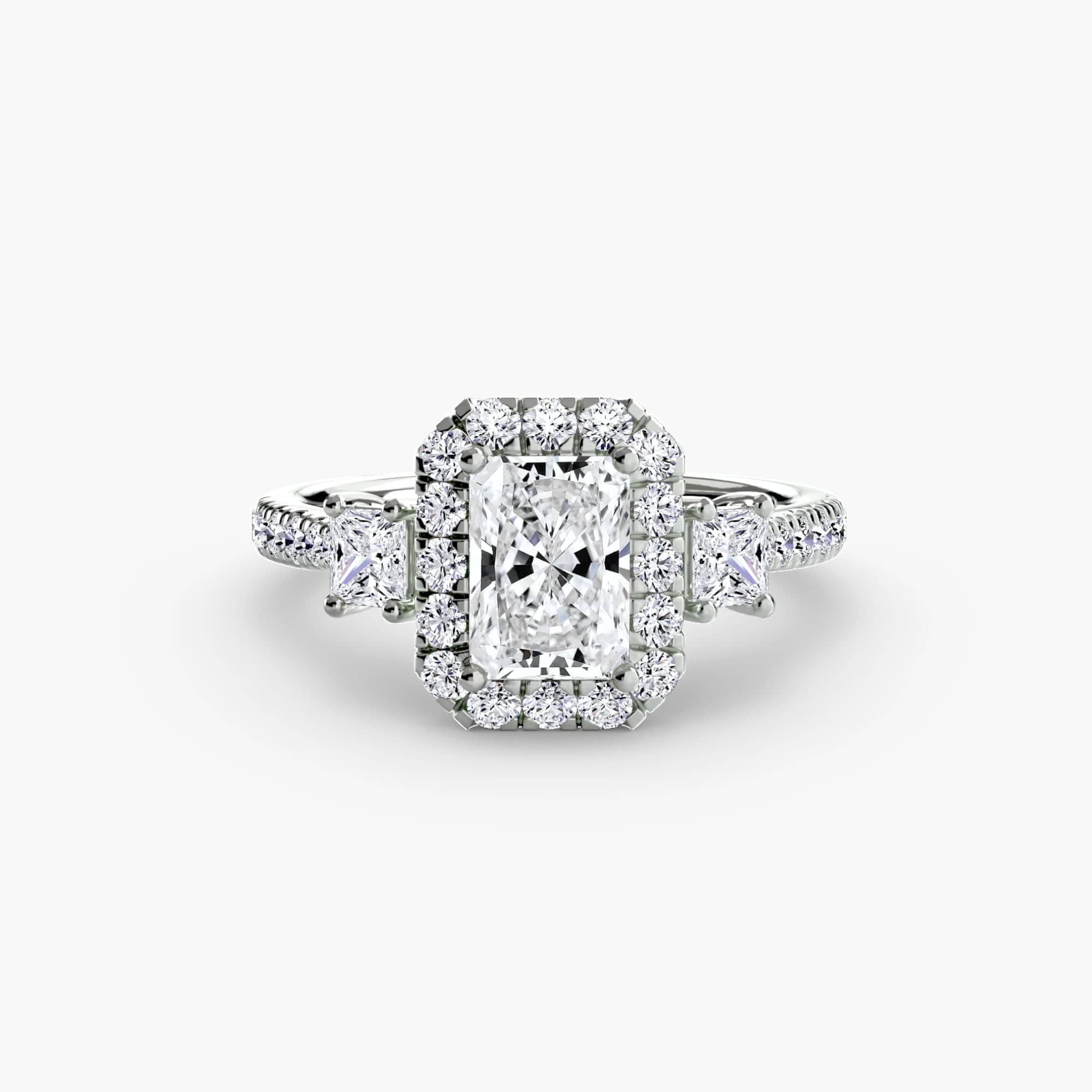 BW James Jewelers setting 9K White Gold / Radiant Three-Stone Ring with Halo 2
