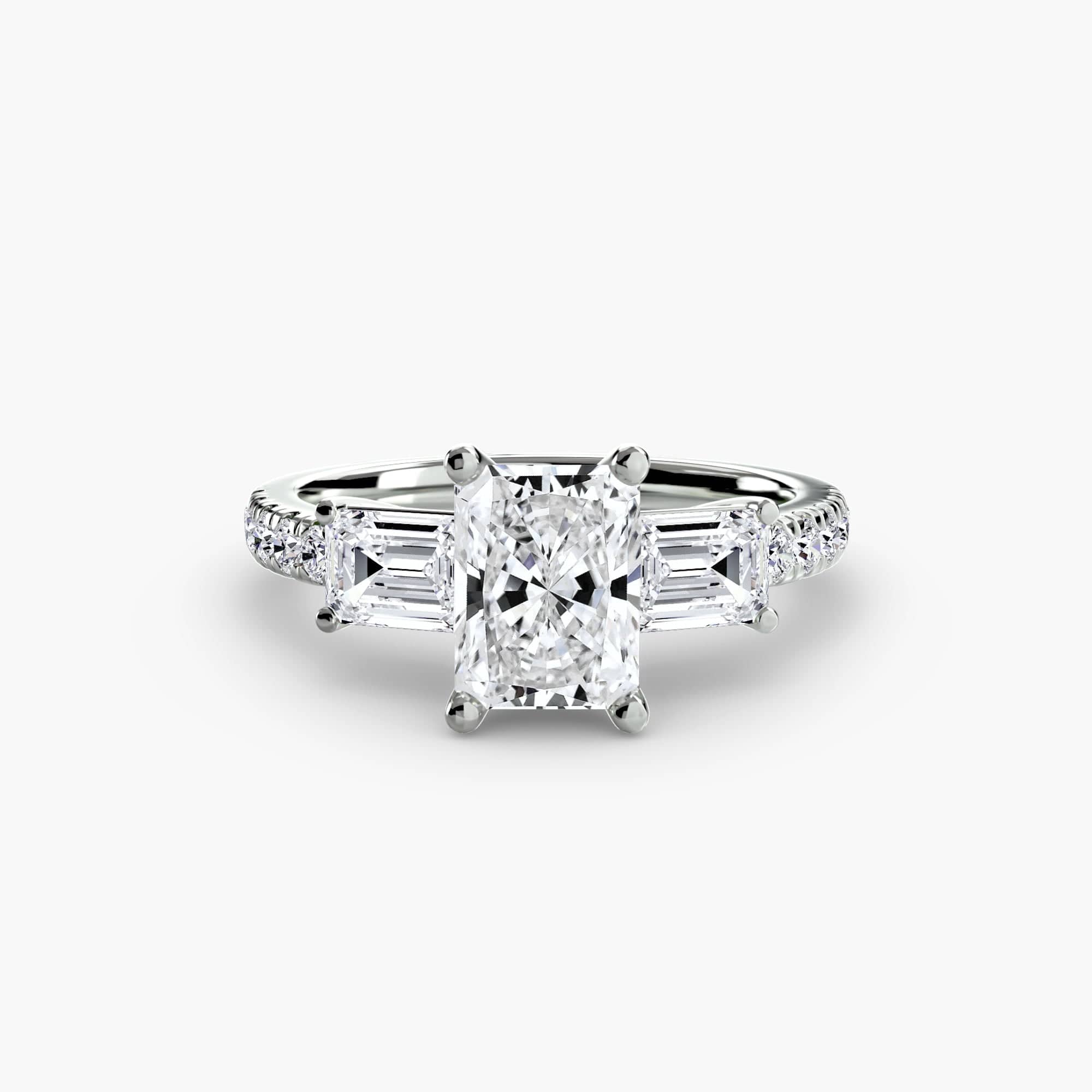 BW James Jewelers setting 9K White Gold / Radiant Three-Stone Ring with Pavé Band 4