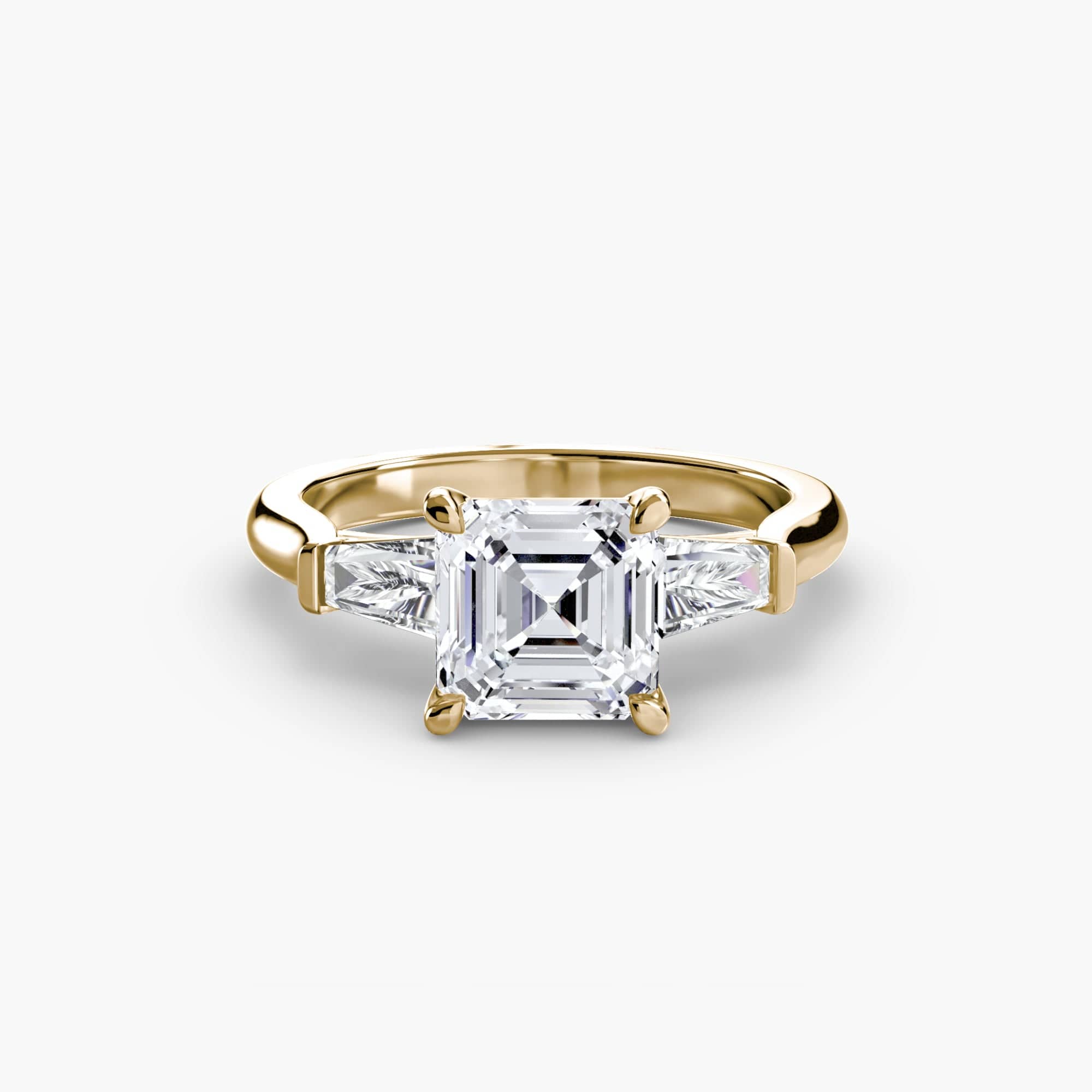 BW James Jewelers setting 9K Yellow Gold / Asscher Three-Stone Ring (Baguette Side Stones)