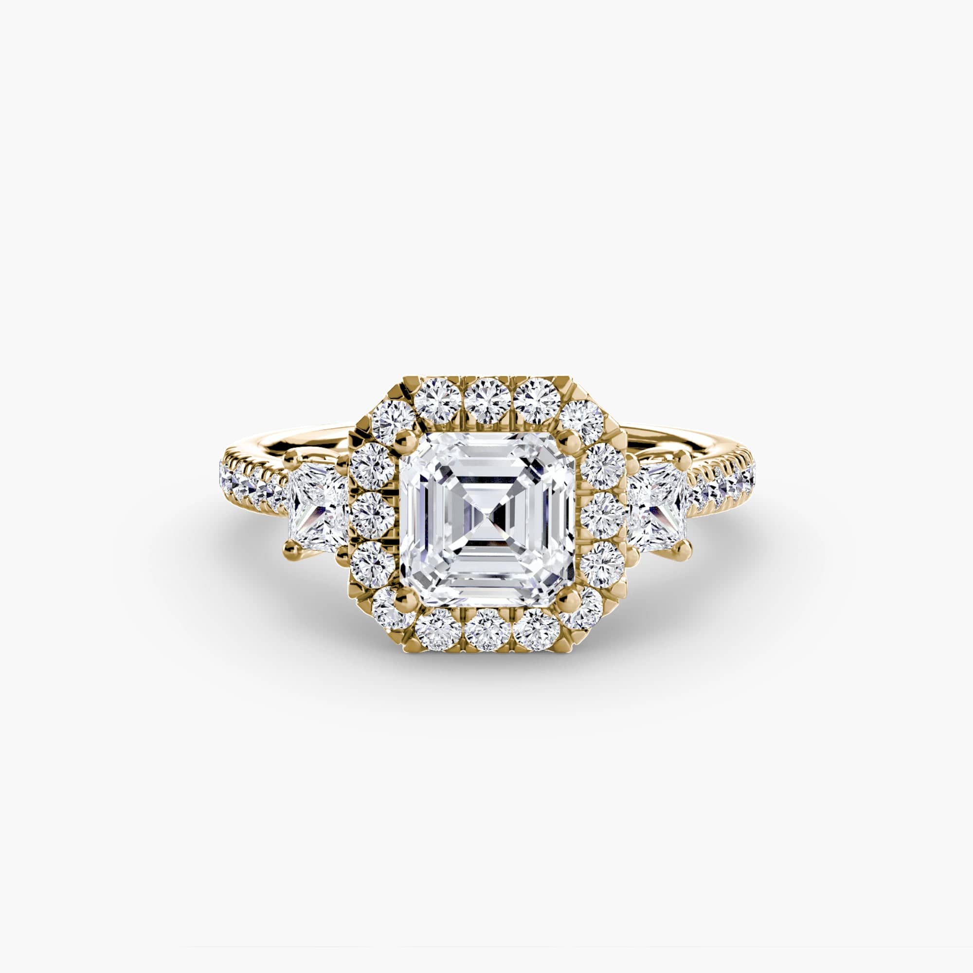 BW James Jewelers setting 9K Yellow Gold / Asscher Three-Stone Ring with Halo 2