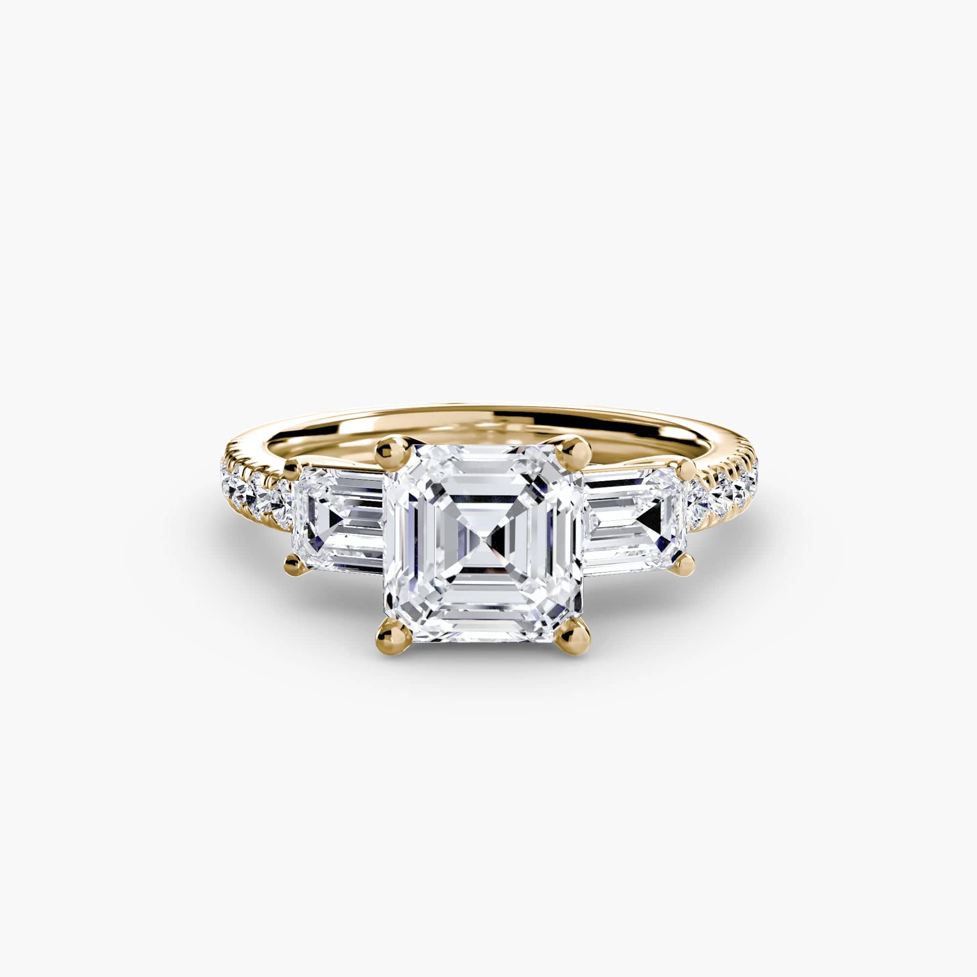 BW James Jewelers setting 9K Yellow Gold / Asscher Three-Stone Ring with Pavé Band 4