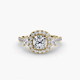 BW James Jewelers setting 9K Yellow Gold / Cushion Three-Stone Ring with Halo 2
