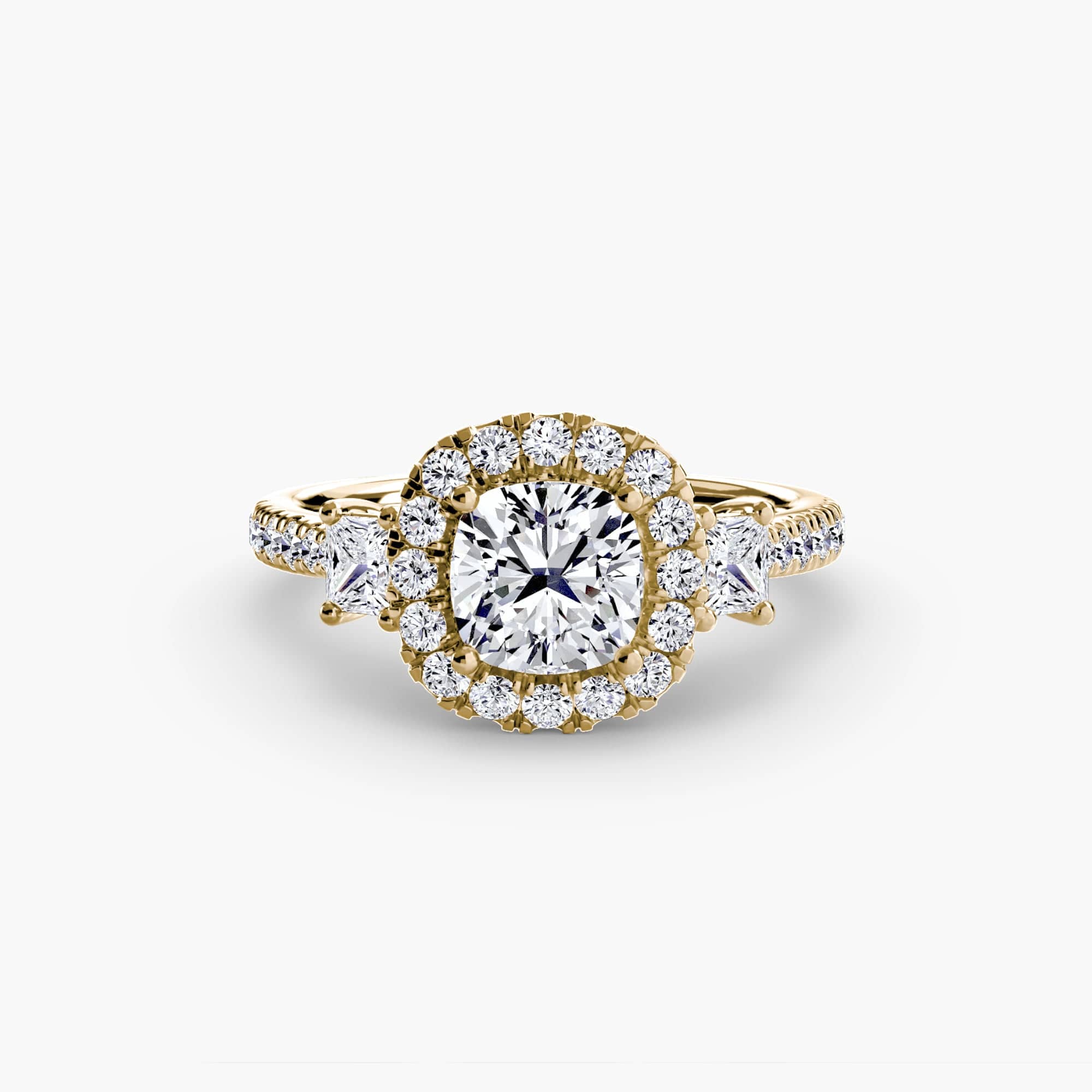 BW James Jewelers setting 9K Yellow Gold / Cushion Three-Stone Ring with Halo 2
