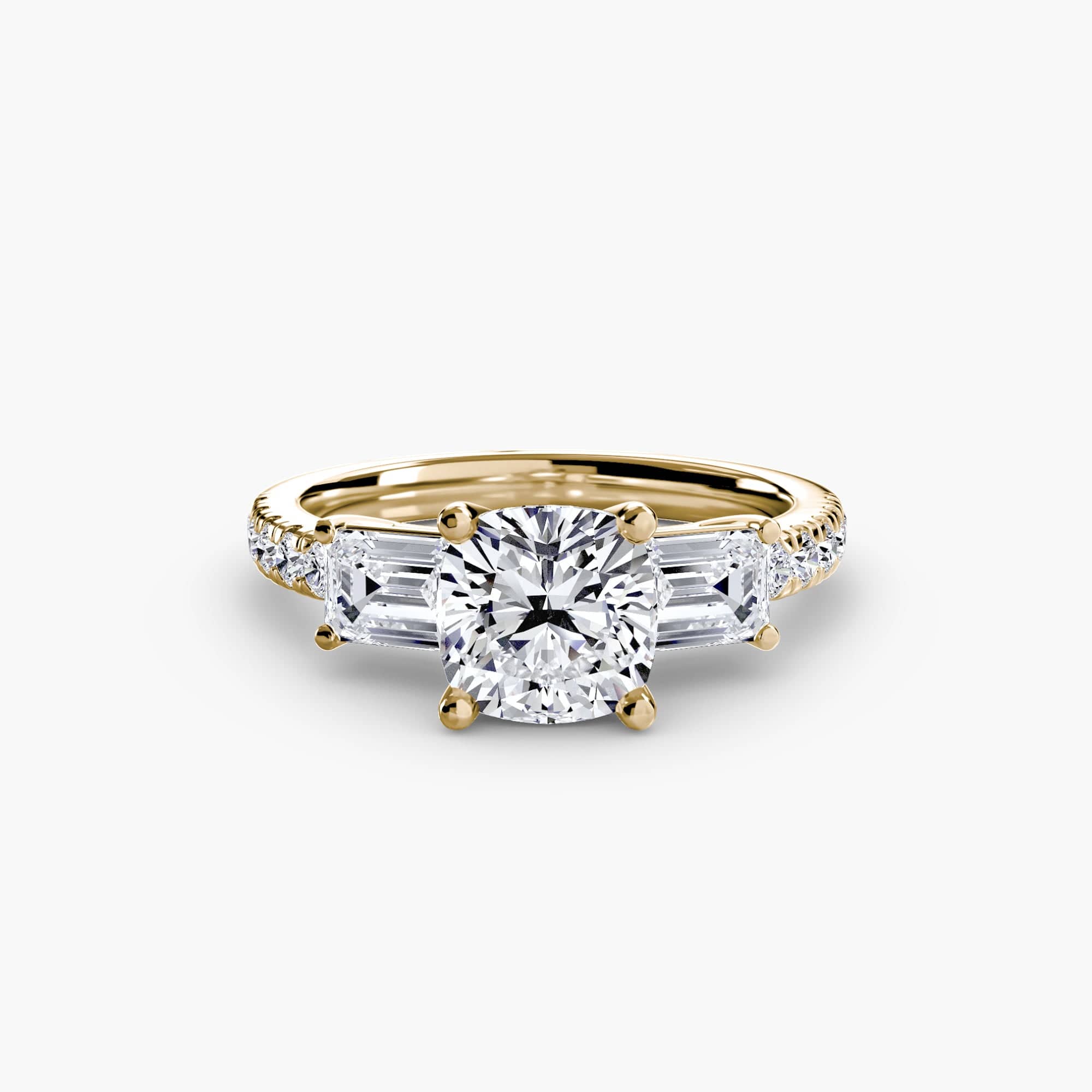 BW James Jewelers setting 9K Yellow Gold / Cushion Three-Stone Ring with Pavé Band 4