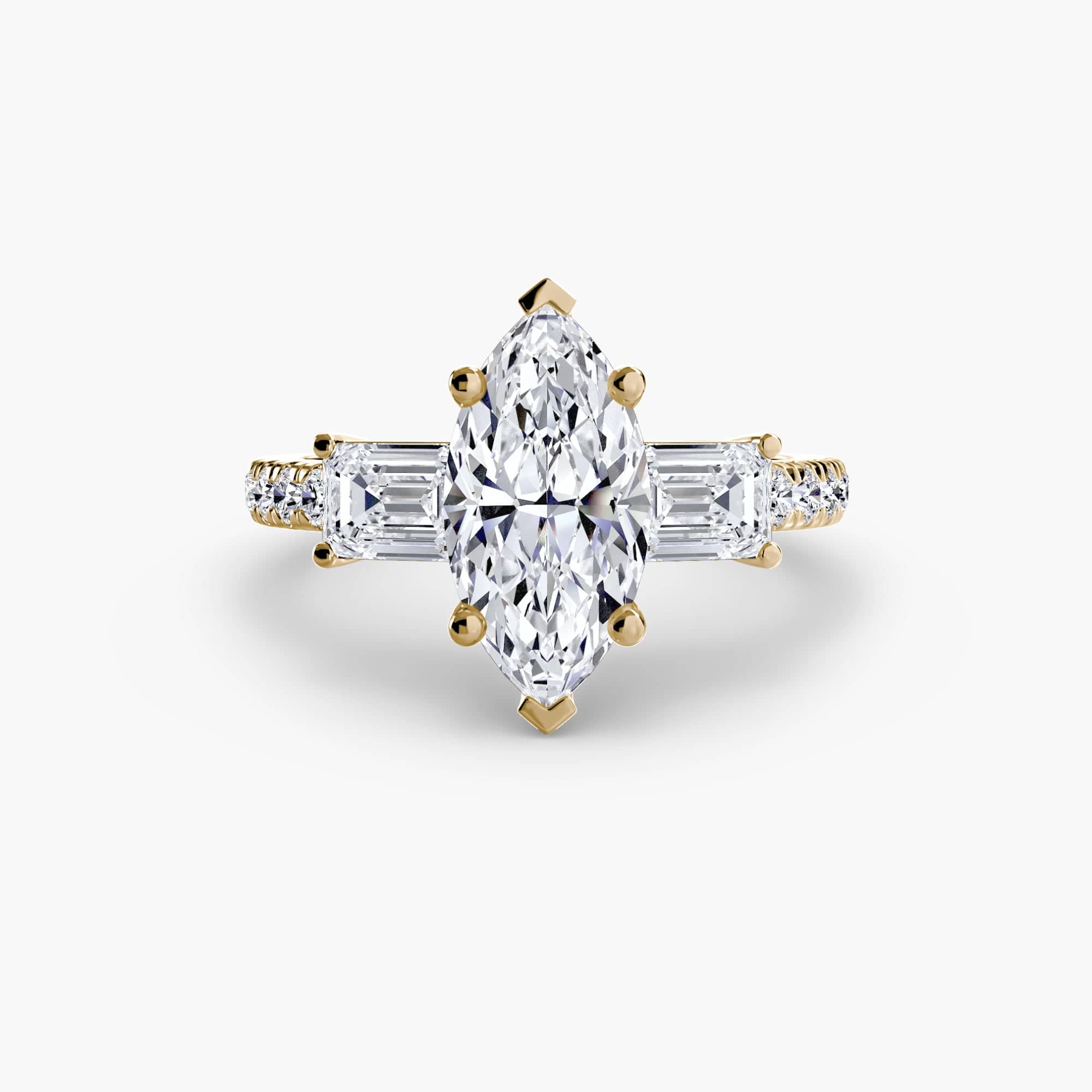 BW James Jewelers setting 9K Yellow Gold / Marquise Three-Stone Ring with Pavé Band 4