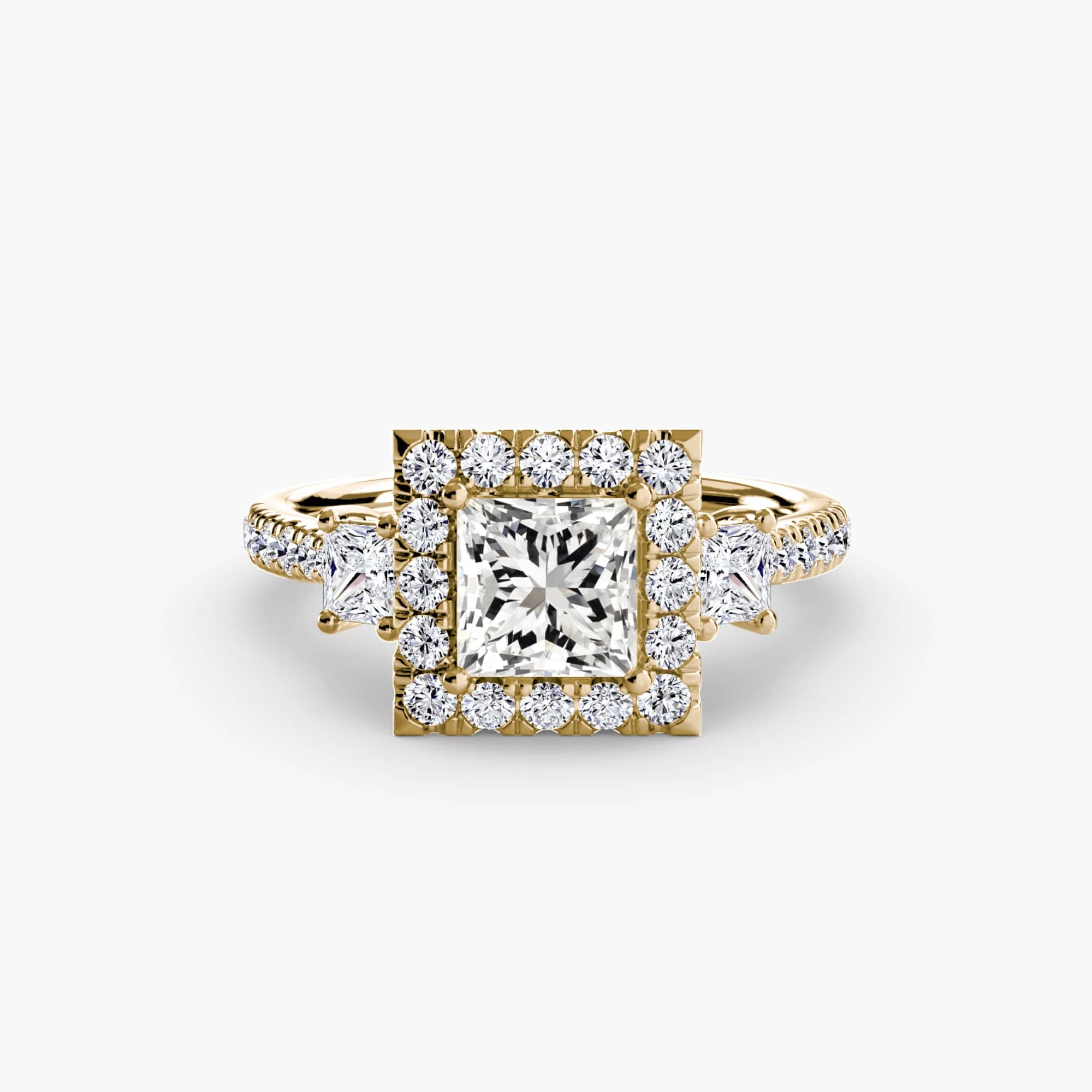 BW James Jewelers setting 9K Yellow Gold / Princess Three-Stone Ring with Halo 2