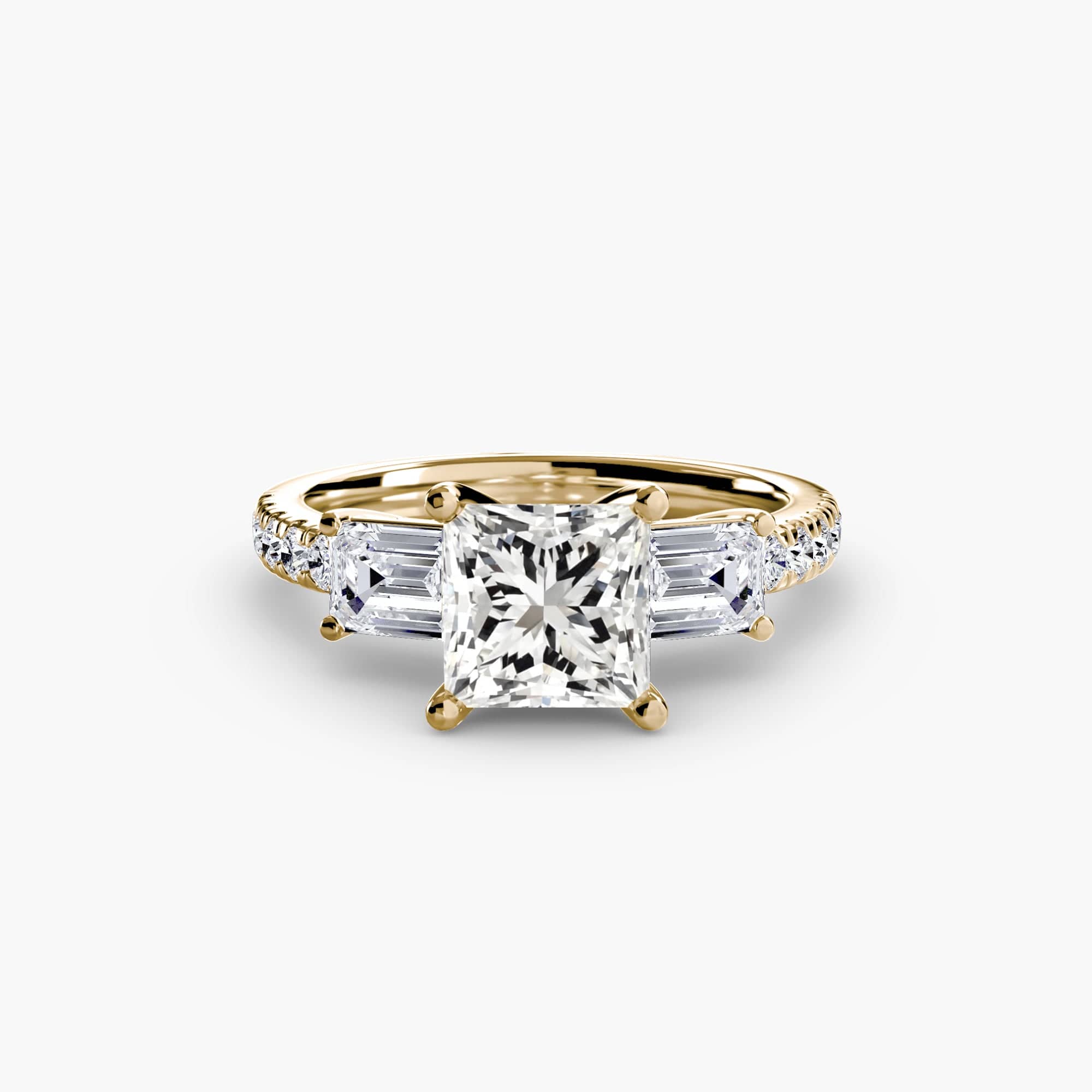 BW James Jewelers setting 9K Yellow Gold / Princess Three-Stone Ring with Pavé Band 4