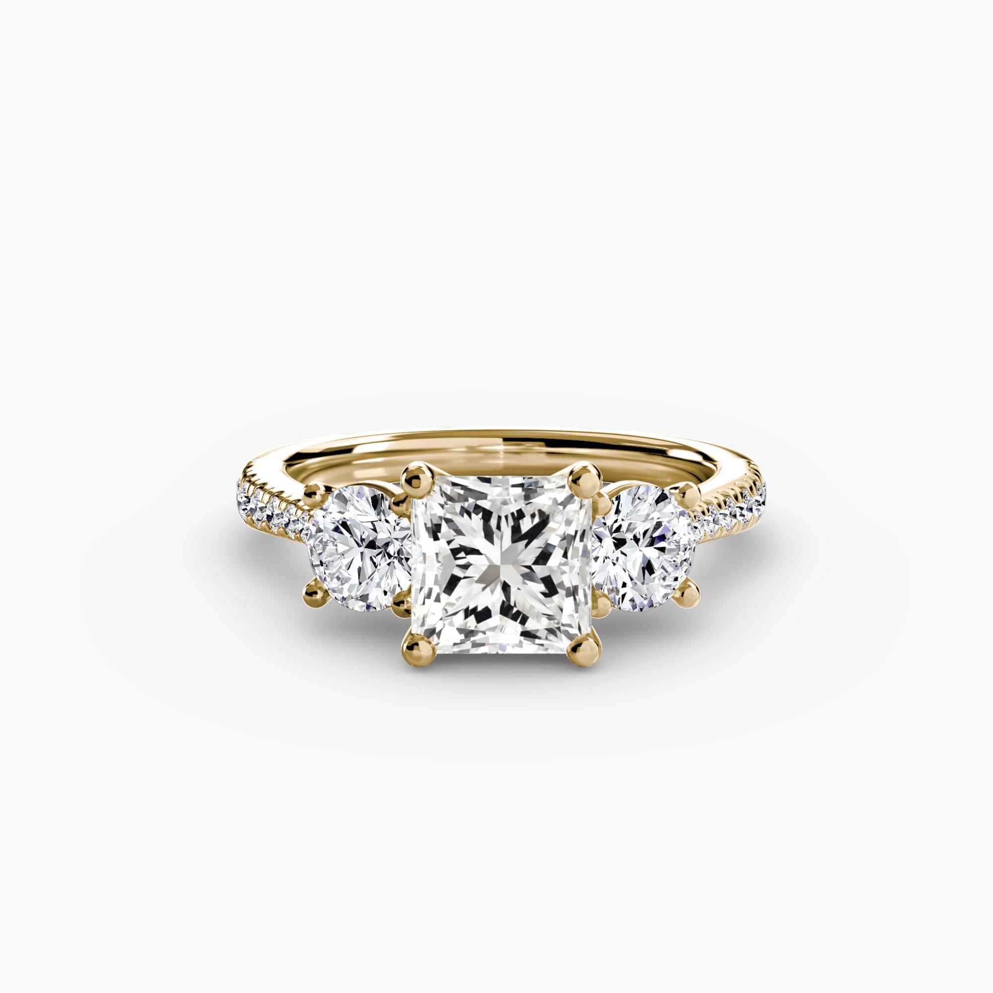 BW James Jewelers setting 9K Yellow Gold / Princess Three-Stone with Pavé Band