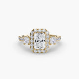 BW James Jewelers setting 9K Yellow Gold / Radiant Three-Stone Ring with Halo 2