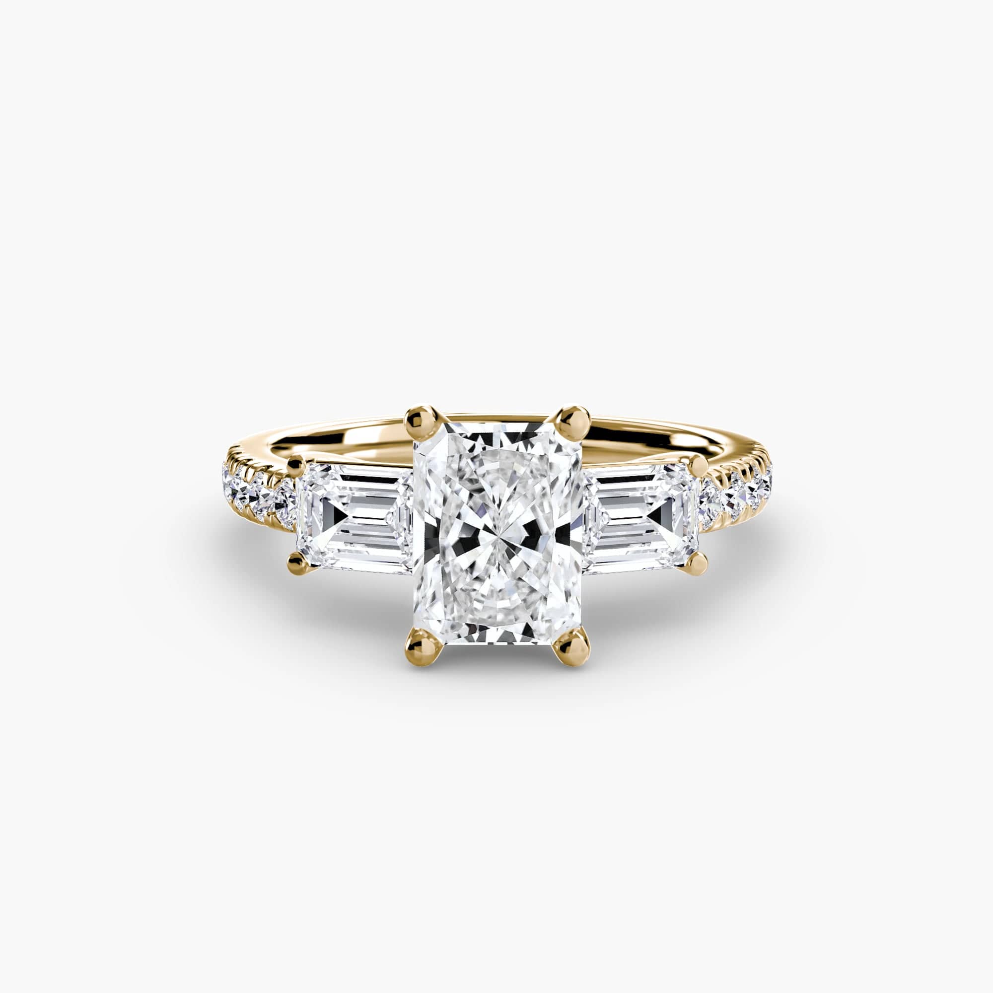 BW James Jewelers setting 9K Yellow Gold / Radiant Three-Stone Ring with Pavé Band 4