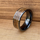 BW James Jewelers Wedding Band "The Gentleman" Black Ceramic Ring With Reclaimed Whiskey Barrel Wood and Cigar Leaf