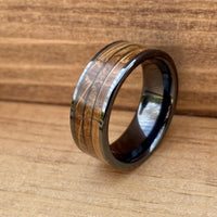 BW James Jewelers Wedding Band "The Gentleman" Black Ceramic Ring With Reclaimed Whiskey Barrel Wood and Cigar Leaf